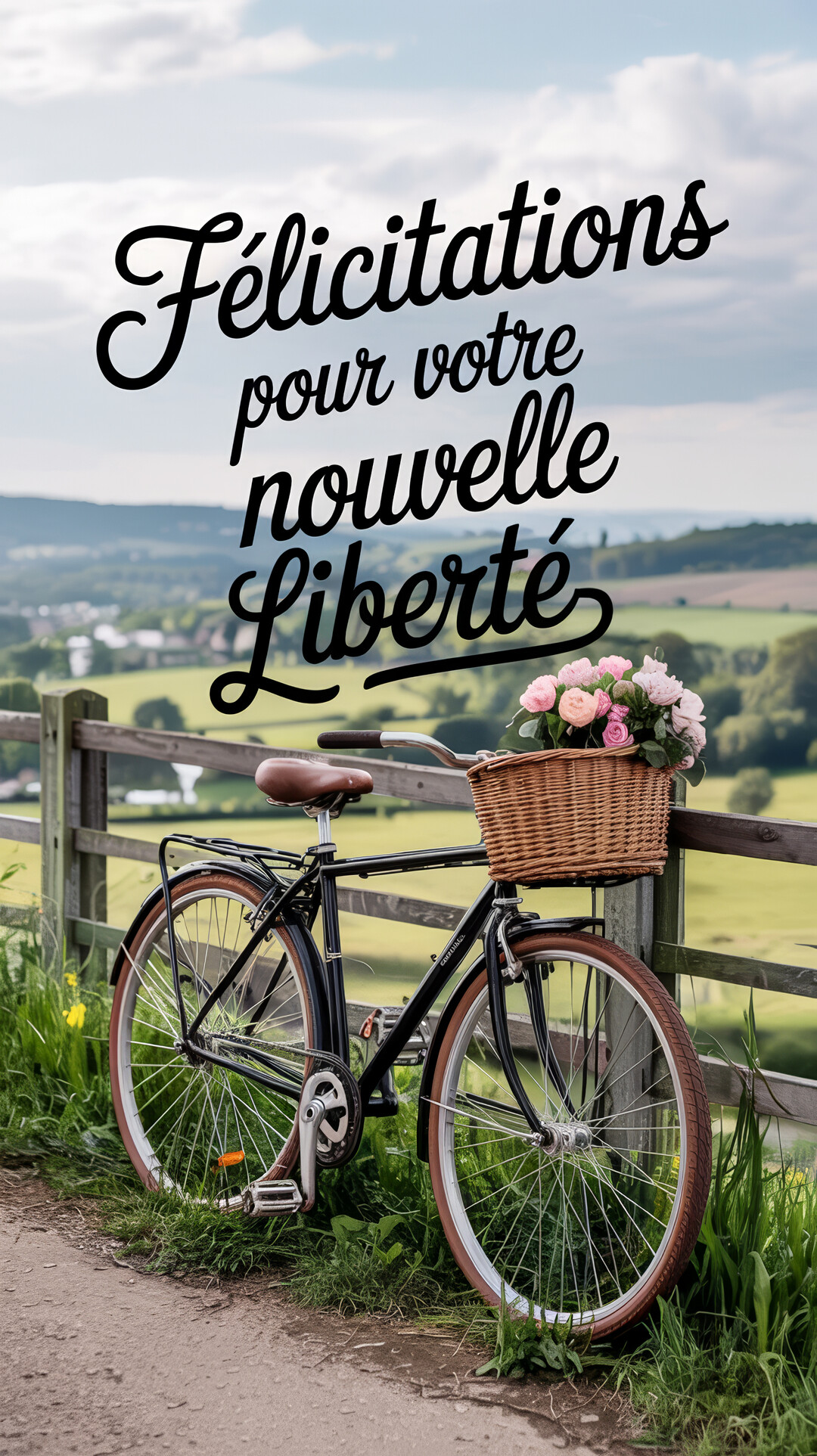 Un vélo noir est posé contre une barrière en bois, son panier rempli de roses, avec un paysage de campagne vallonnée en arrière-plan.