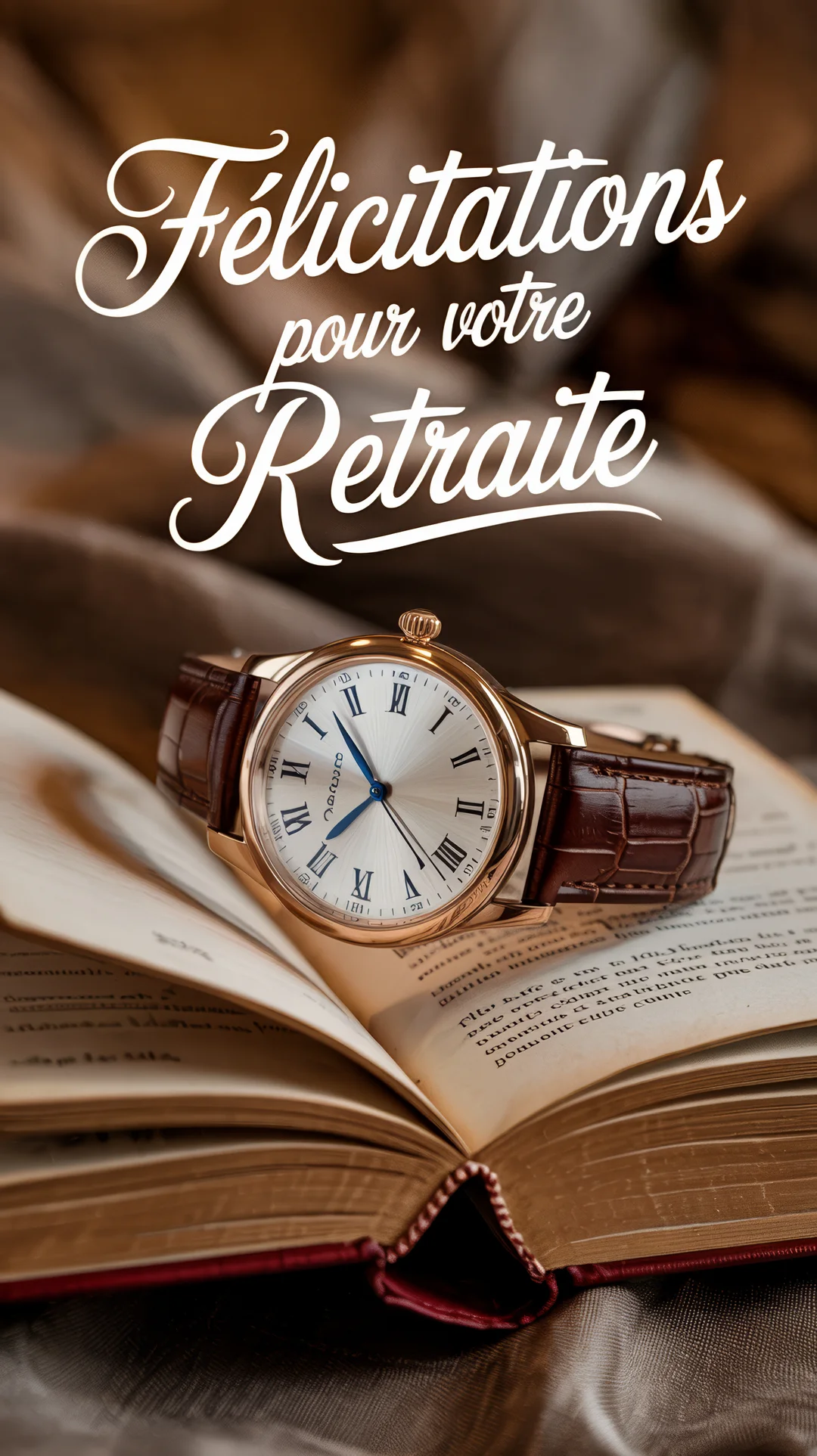 Une montre classique dorée à bracelet en cuir marron repose sur les pages d'un livre ancien ouvert, dans une ambiance chaleureuse et studieuse.