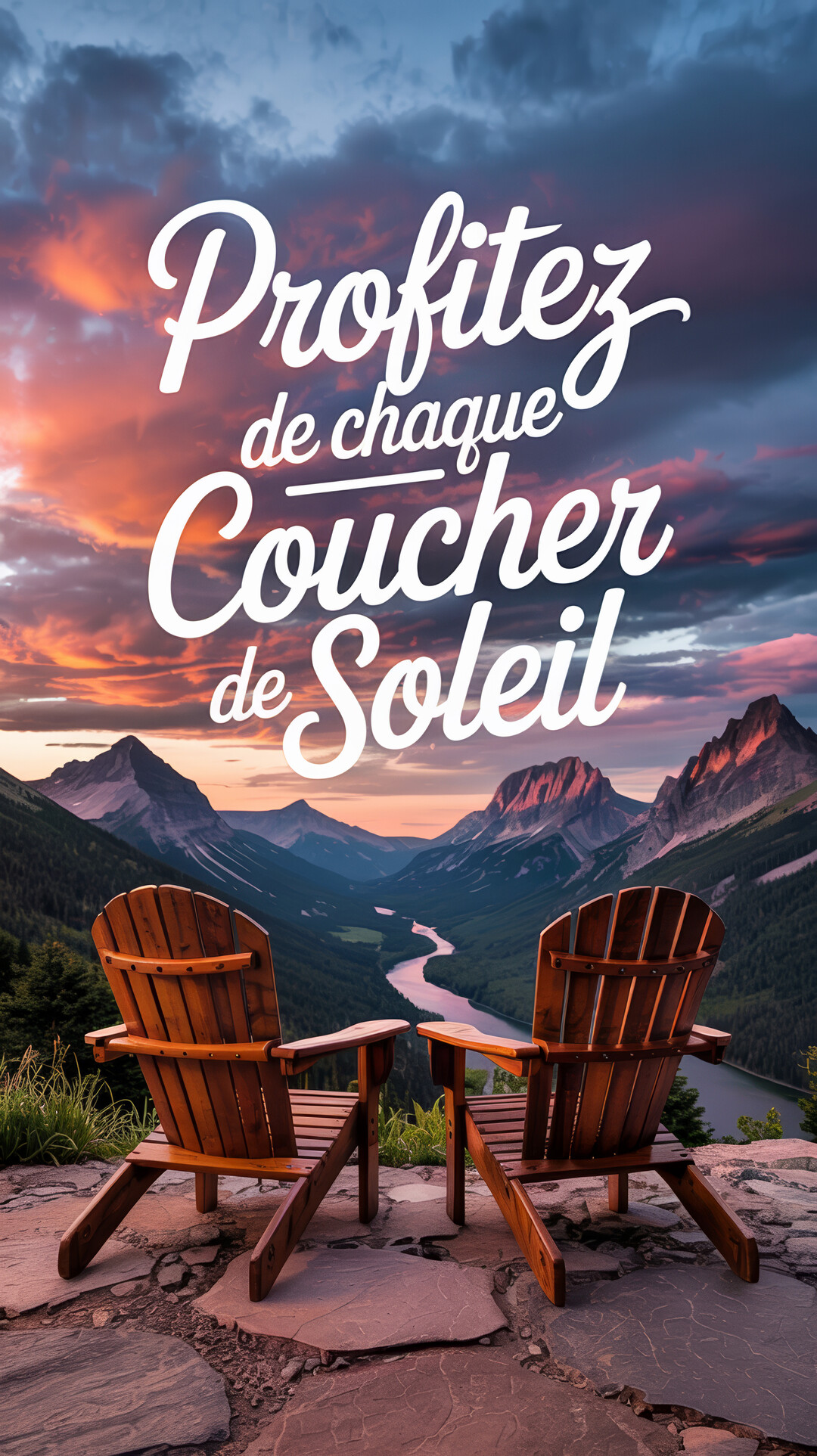 Deux fauteuils en bois font face à une vallée montagneuse spectaculaire sous un ciel de crépuscule aux teintes orangées et bleues.