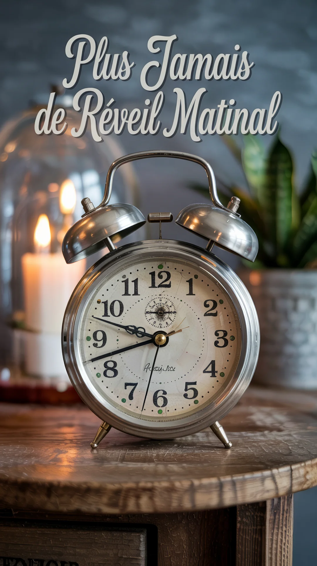 Un réveil-matin de style rétro en métal est posé sur une table en bois, avec une ambiance chaleureuse en arrière-plan.