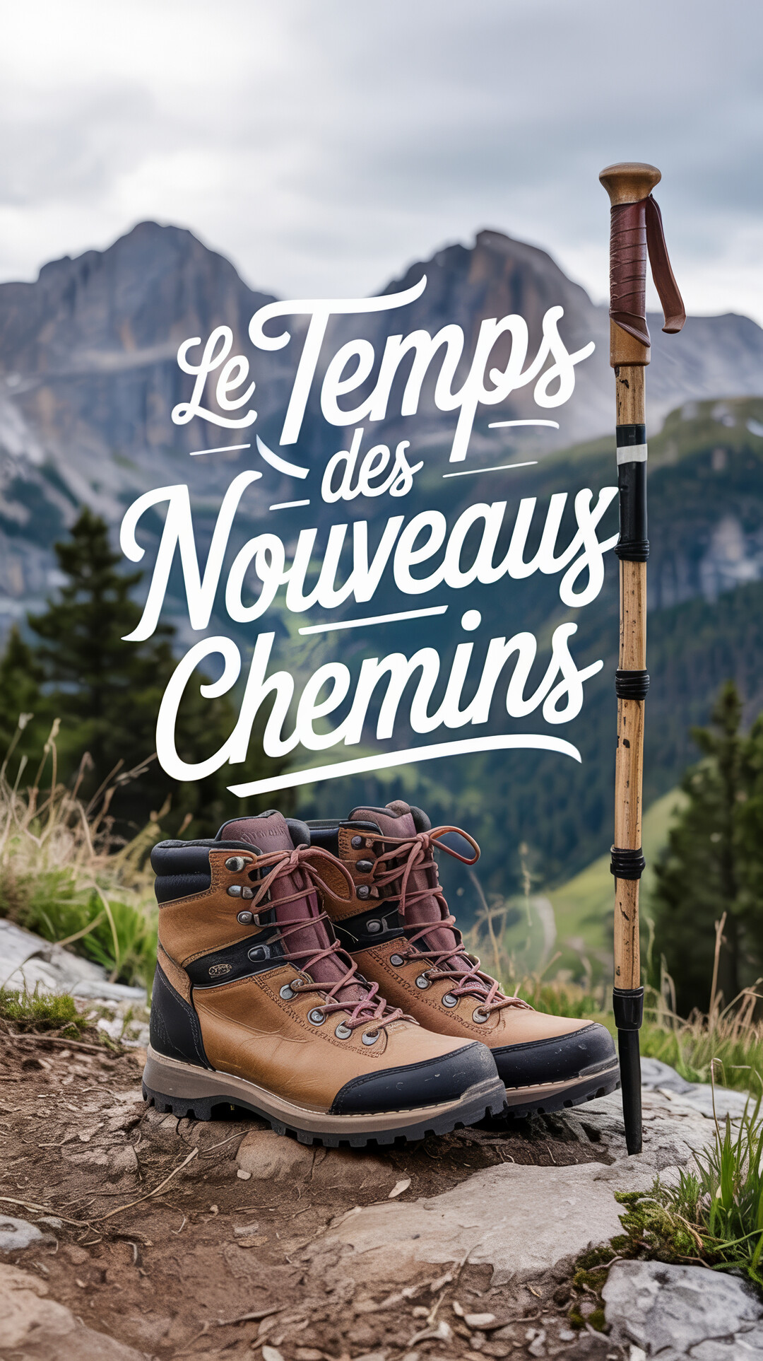 Une paire de chaussures de randonnée en cuir marron et un bâton de marche sont posés sur un sentier rocailleux devant un paysage de montagnes.