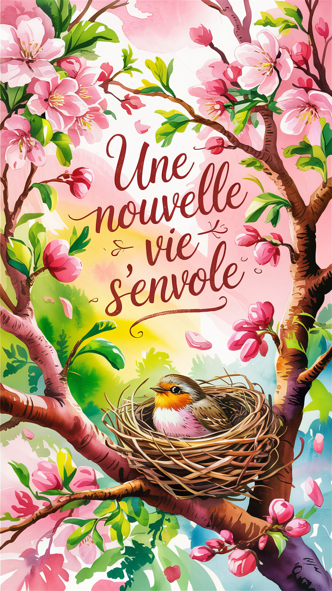 Un oiseau de type rouge-gorge est blotti dans son nid sur une branche d'arbre fleurie, avec un texte calligraphié qui dit 'Une nouvelle vie s'envole'.