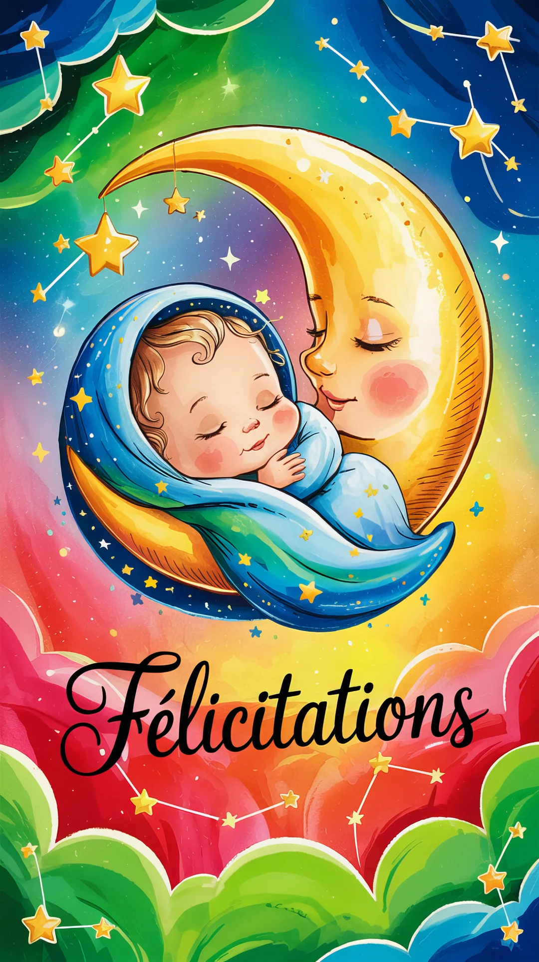 Un bébé endormi est tendrement bercé par un croissant de lune bienveillant, sur un fond de ciel nocturne coloré et étoilé.