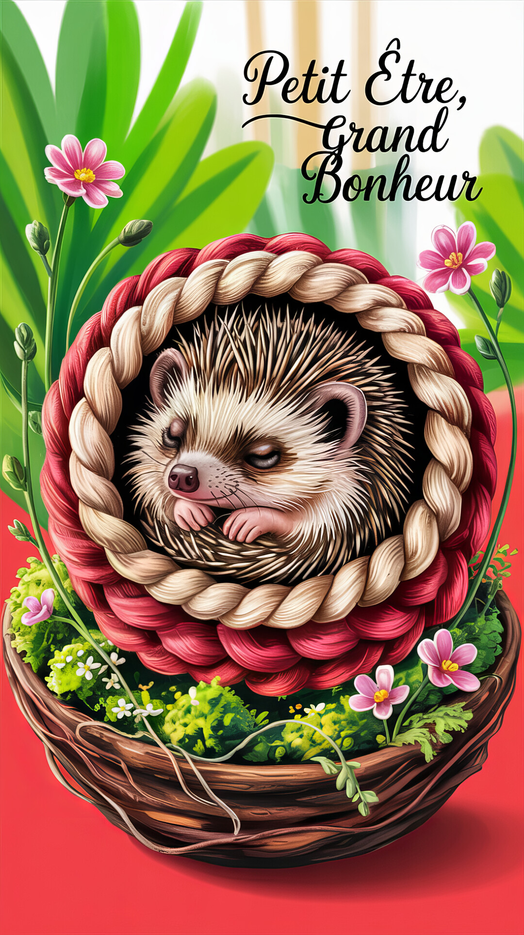 Un bébé hérisson dort paisiblement dans un nid tressé rouge et beige, entouré de verdure et de petites fleurs roses et blanches.