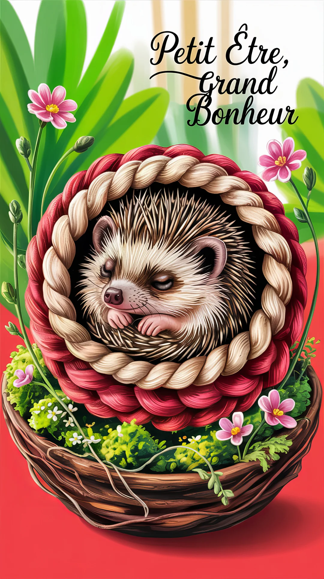 Un bébé hérisson dort paisiblement dans un nid tressé rouge et beige, entouré de verdure et de petites fleurs roses et blanches.