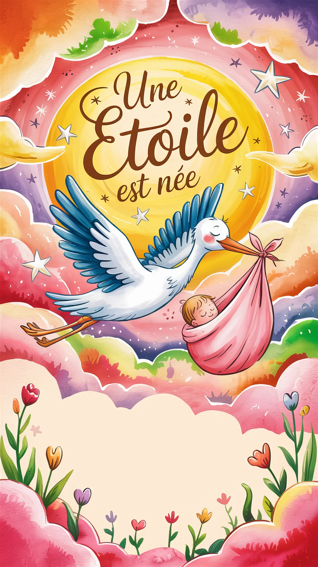 Une cigogne souriante vole dans un ciel onirique, transportant dans son bec un bébé endormi dans un baluchon rose, sous un grand soleil jaune.