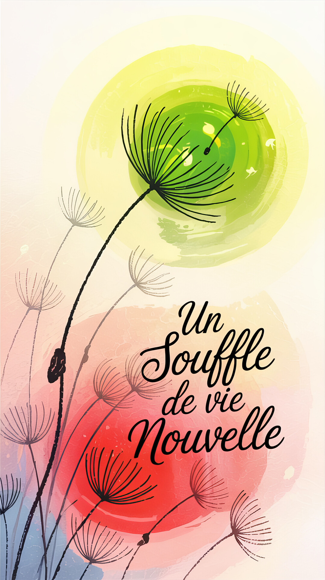 Illustration stylisée de graines de pissenlit s'envolant sur un fond coloré abstrait avec une typographie élégante pour une carte de naissance.