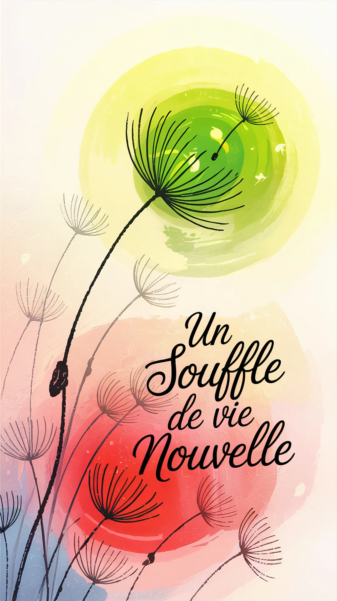 Illustration stylisée de graines de pissenlit s'envolant sur un fond coloré abstrait avec une typographie élégante pour une carte de naissance.