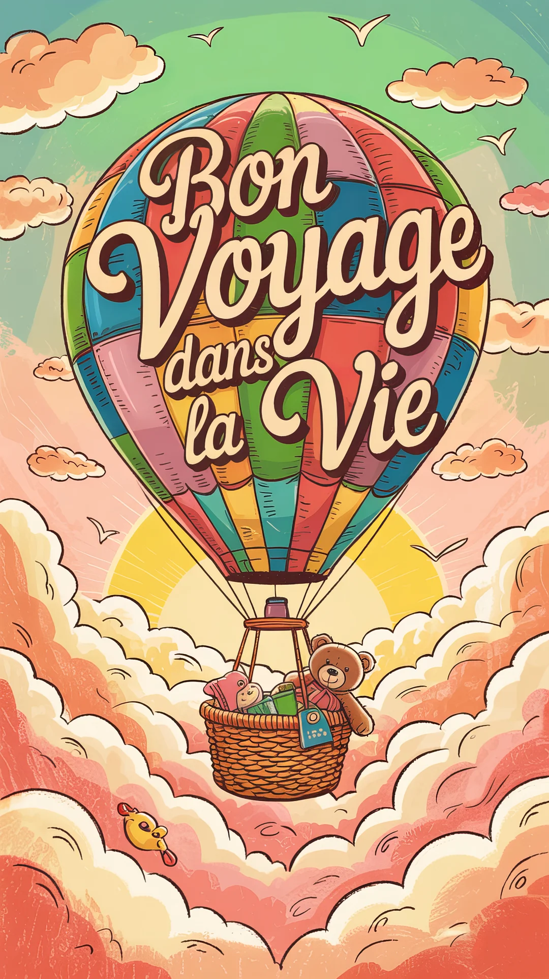 Une illustration rétro d'une montgolfière multicolore avec un bébé dans sa nacelle, flottant parmi les nuages roses sous un soleil levant.