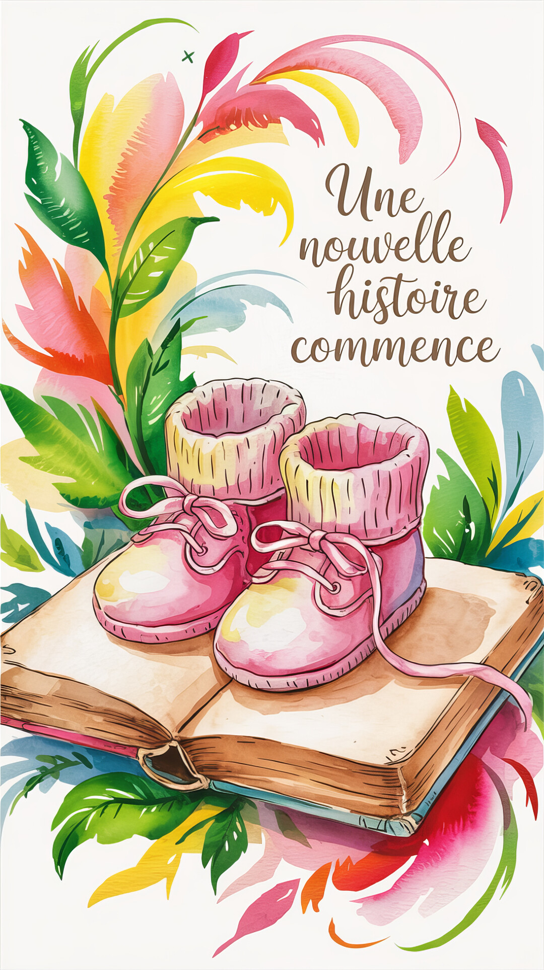 Une illustration à l'aquarelle représente des chaussons de bébé roses posés sur un livre ouvert, avec des fleurs colorées et une inscription calligraphiée.