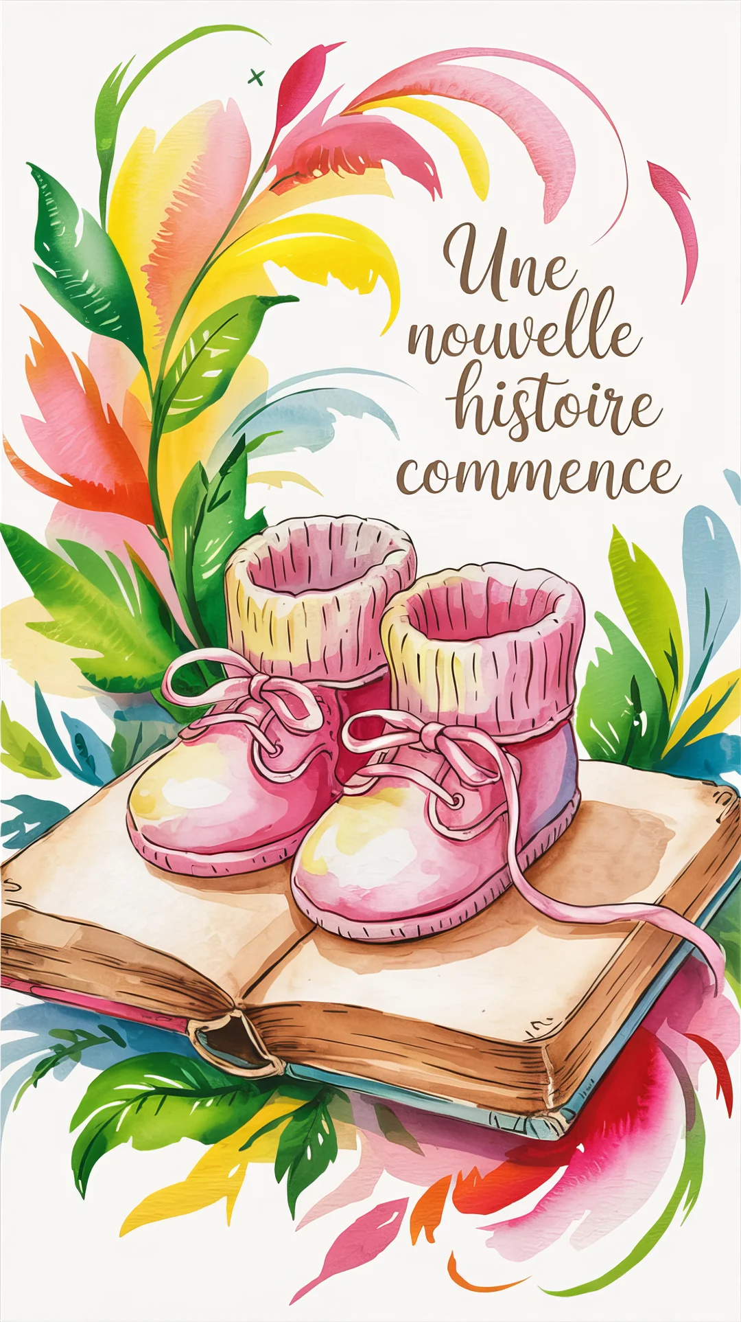 Une illustration à l'aquarelle représente des chaussons de bébé roses posés sur un livre ouvert, avec des fleurs colorées et une inscription calligraphiée.
