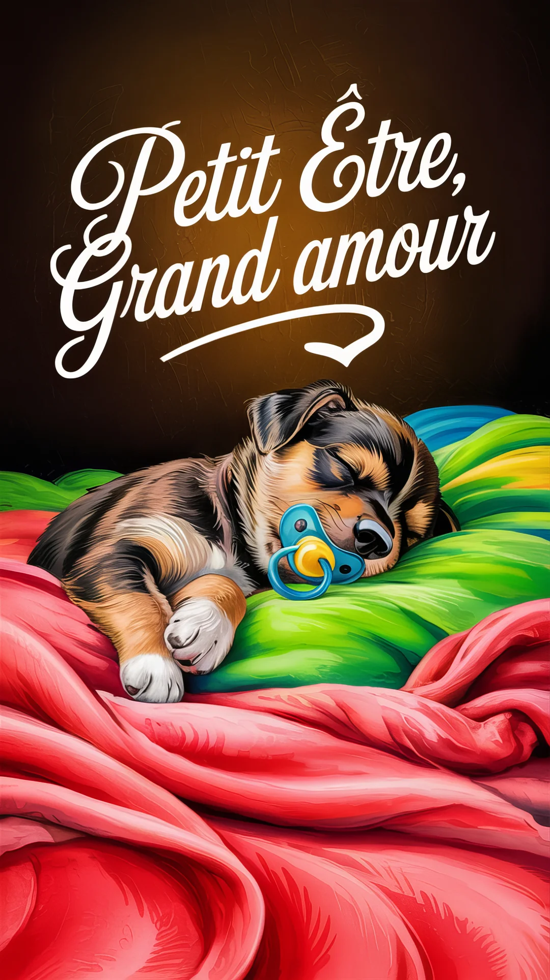 Un chiot tricolore dort paisiblement avec une tétine bleue sur des coussins vifs, sous le texte calligraphié "Petit Être, Grand amour".