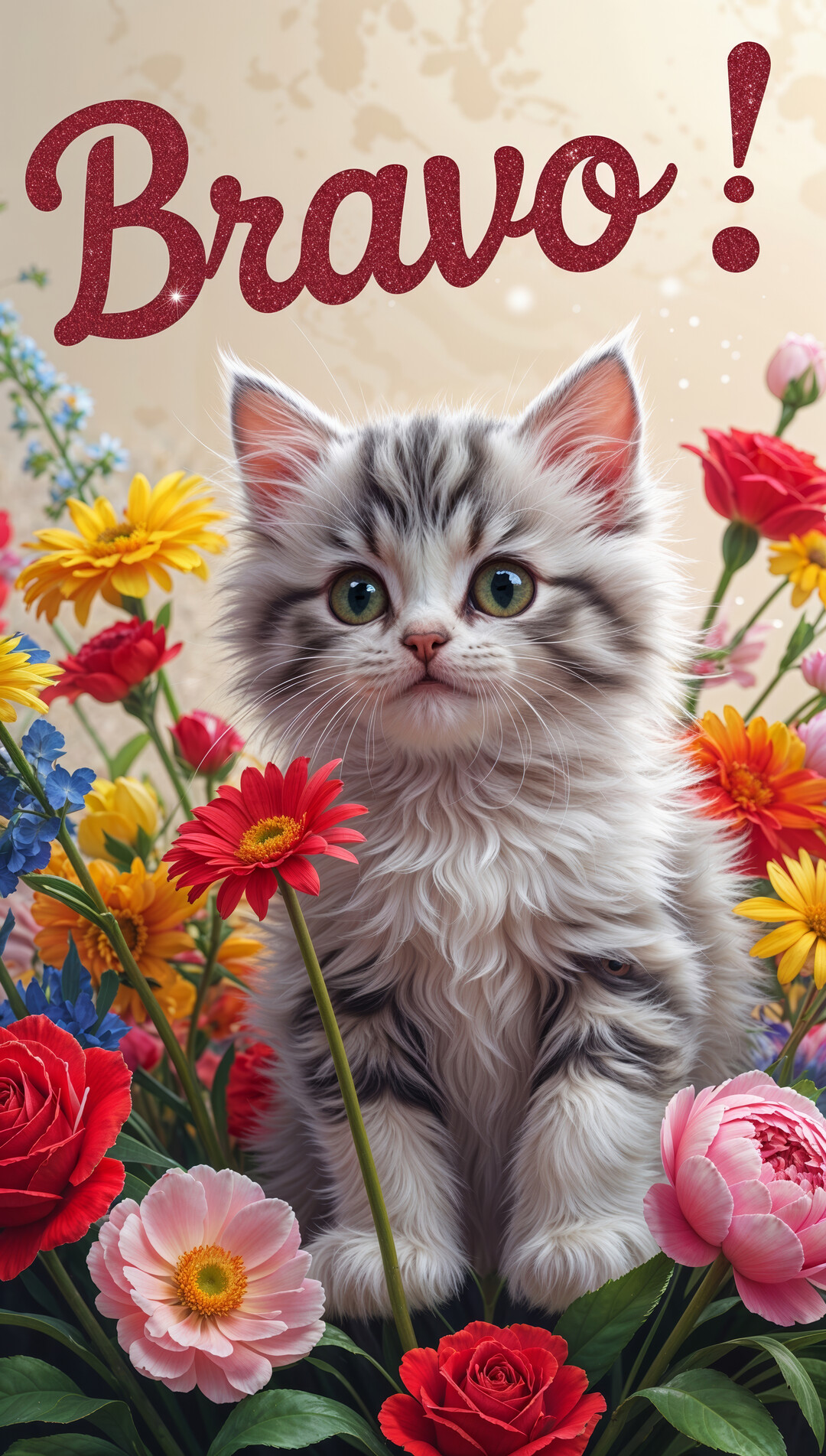 Un adorable chaton gris et blanc au poil long est assis au centre d'un bouquet de fleurs multicolores, avec 'Bravo !' écrit au-dessus.