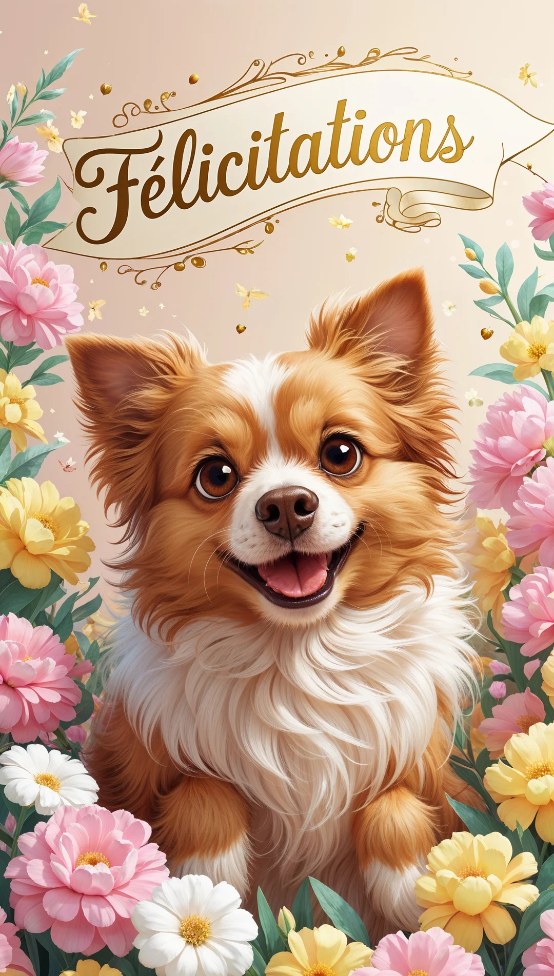 Un chien de type spitz, roux et blanc, sourit joyeusement, encadré par des fleurs colorées sous une bannière festive où est inscrit 'Félicitations'.