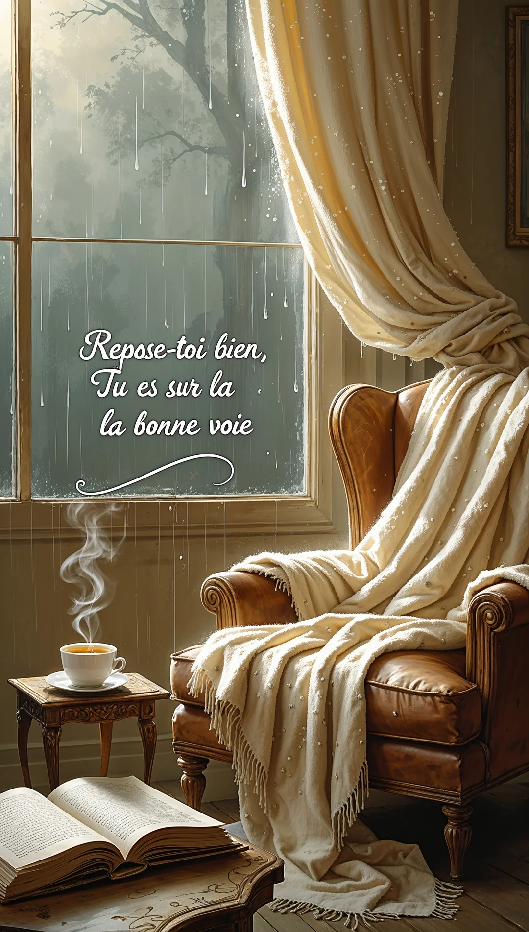 Cette carte représente un fauteuil club en cuir près d'une fenêtre pluvieuse, avec un plaid, une boisson chaude fumante et un livre ouvert.