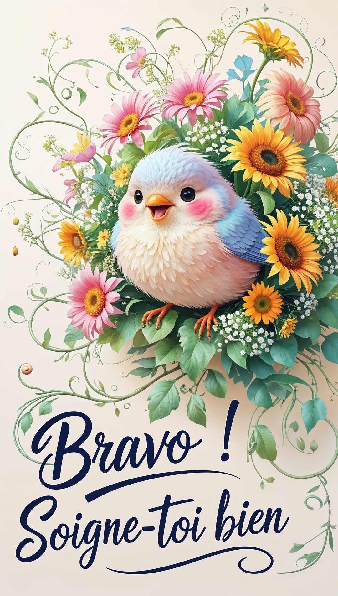 Un oiseau bleu et rose, au style mignon, est assis joyeusement au centre d'un arrangement floral de gerberas et tournesols sur fond clair.