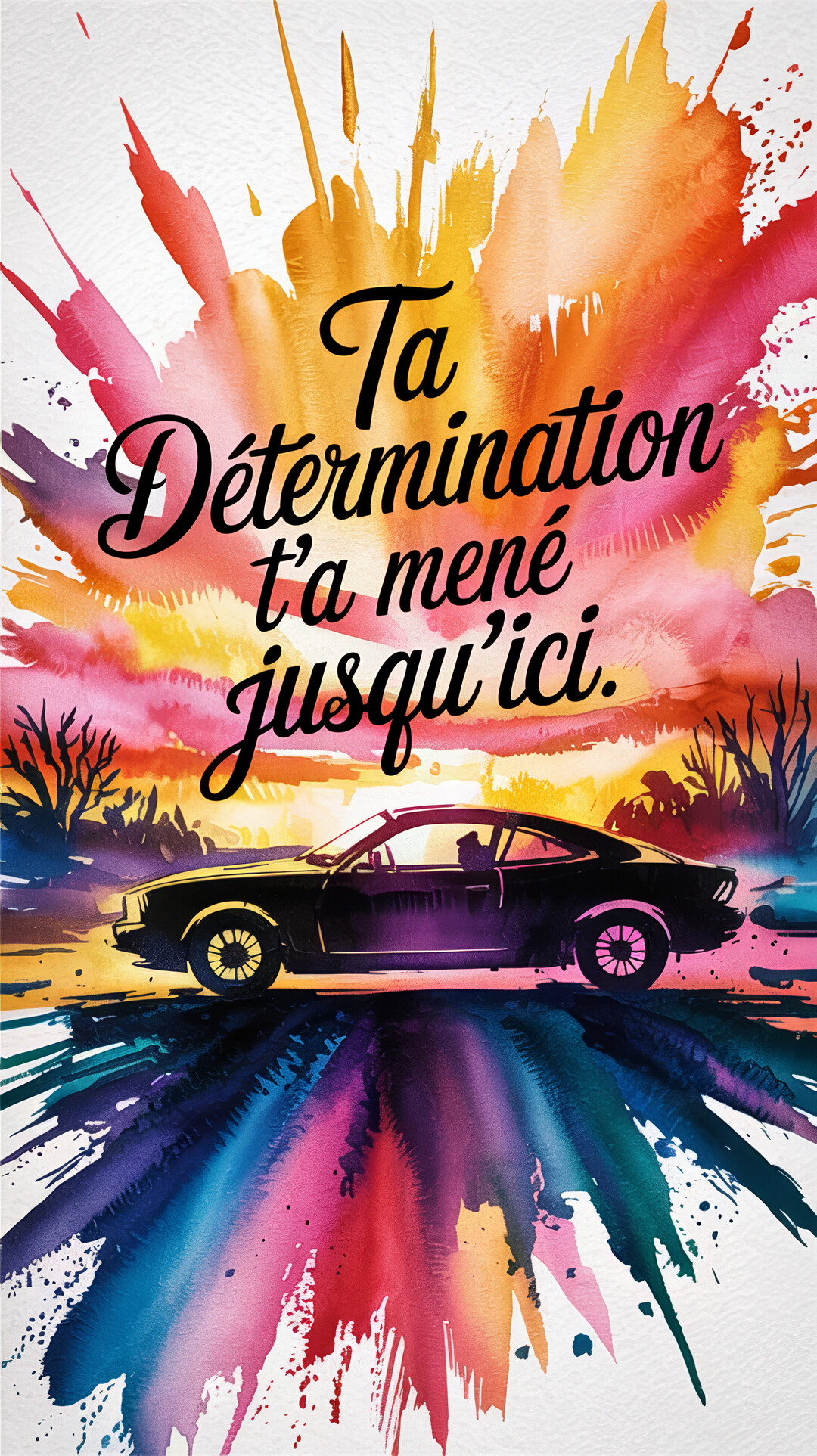 Une voiture de sport noire est profilée devant une explosion d'aquarelle vibrante, avec un texte calligraphié sur la réussite et la détermination.
