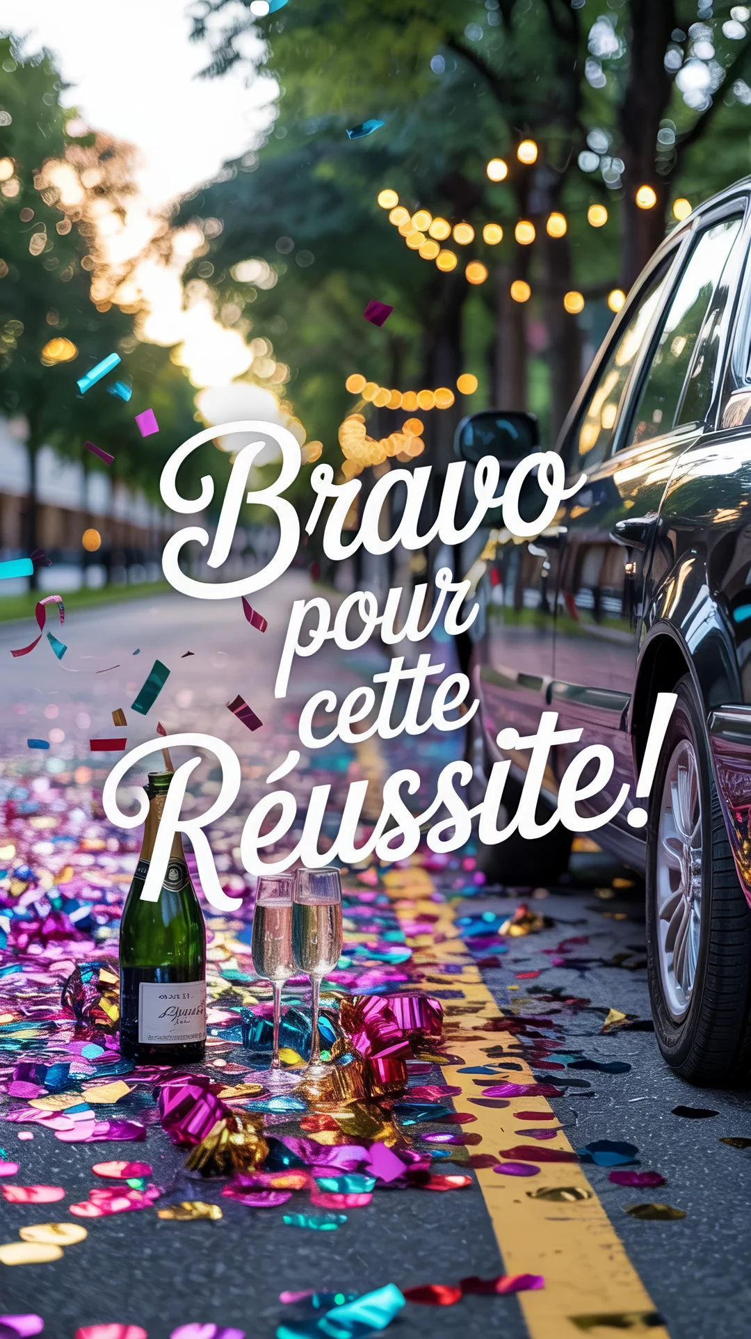 Une scène de fête dans la rue au crépuscule, avec une bouteille de champagne, des confettis multicolores et une voiture, célébrant une réussite.