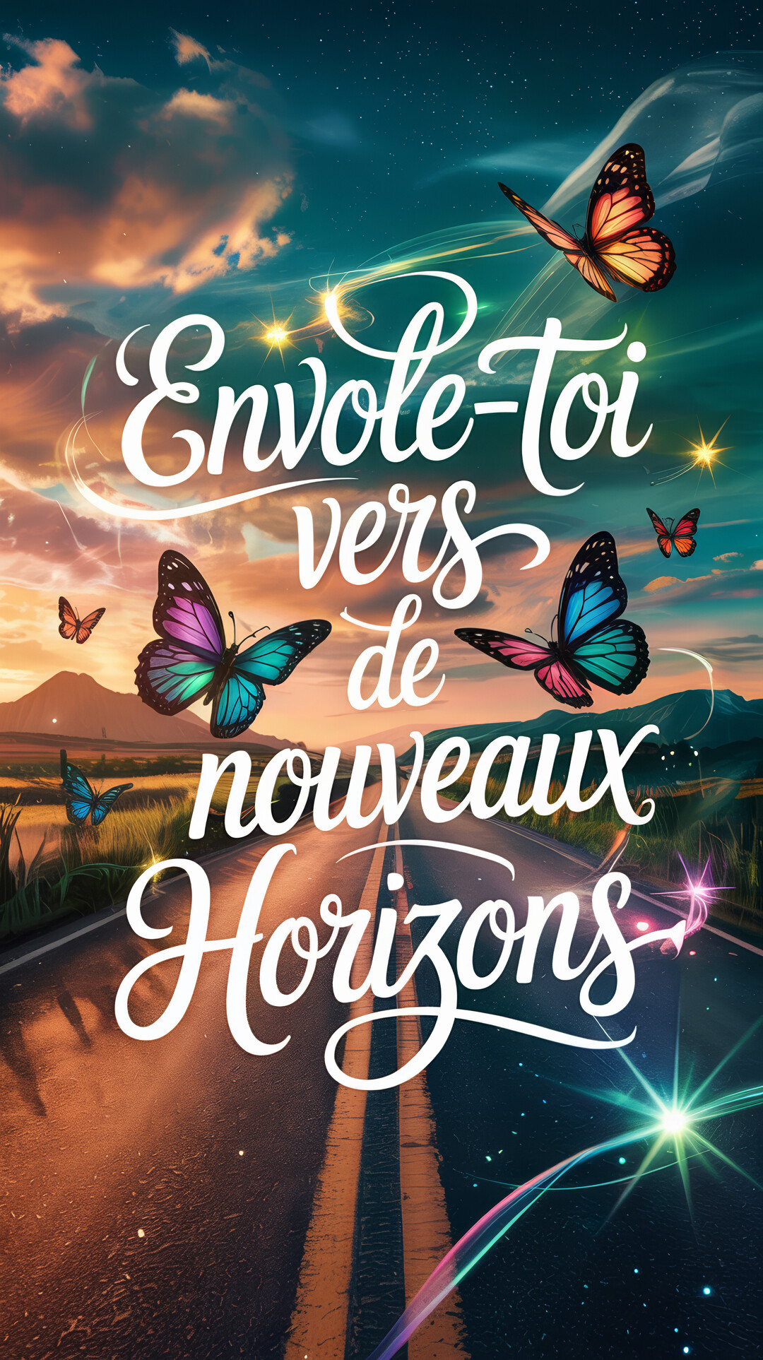 Une route s'étendant vers un horizon montagneux sous un ciel crépusculaire étoilé, avec des papillons colorés et une calligraphie inspirante.