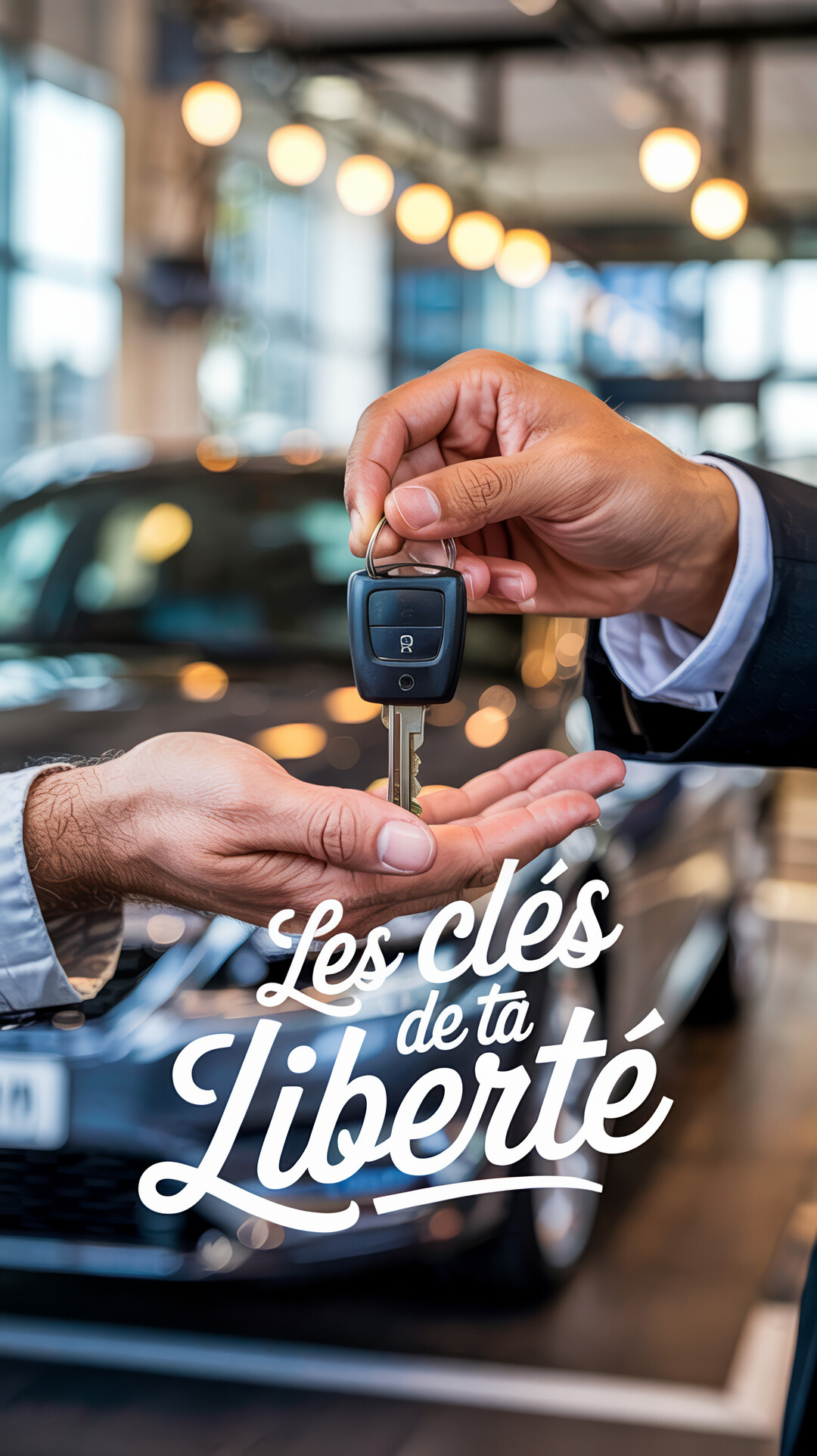 En gros plan, une personne remet des clés de voiture dans la paume d'une autre main, devant une automobile dans un showroom.