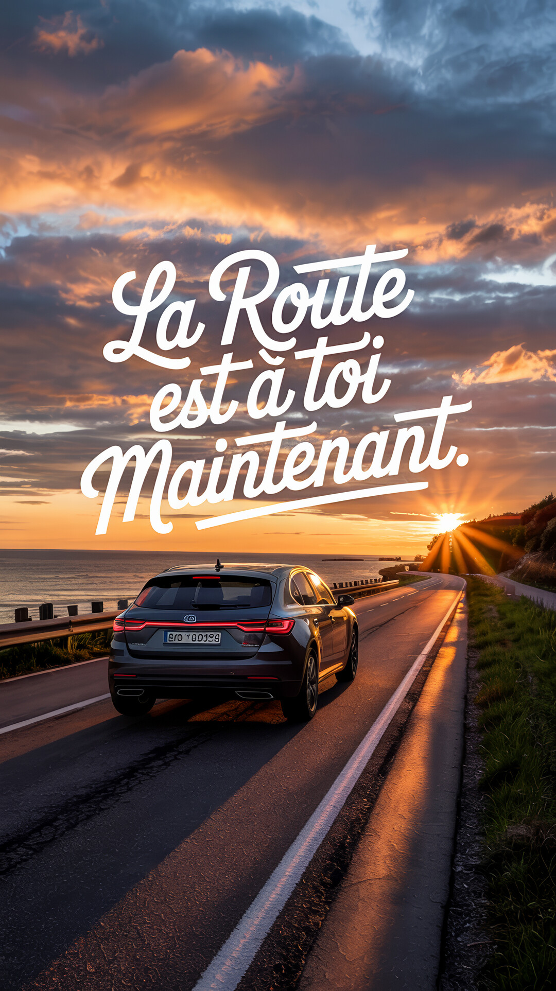 Vue arrière d'une voiture moderne de couleur foncée, roulant sur une route en bord de mer sous un ciel dramatique au coucher du soleil.