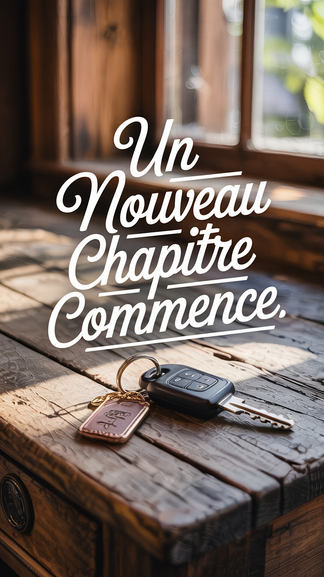 Des clés de voiture noires reposent sur une table en bois rustique, baignées par la lumière du soleil venant d'une fenêtre en arrière-plan.