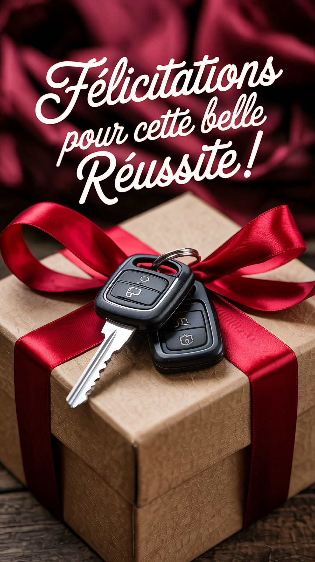 Des clés de voiture noires reposent sur une boîte cadeau beige nouée d'un ruban rouge, avec un texte de félicitations sur un fond bordeaux.