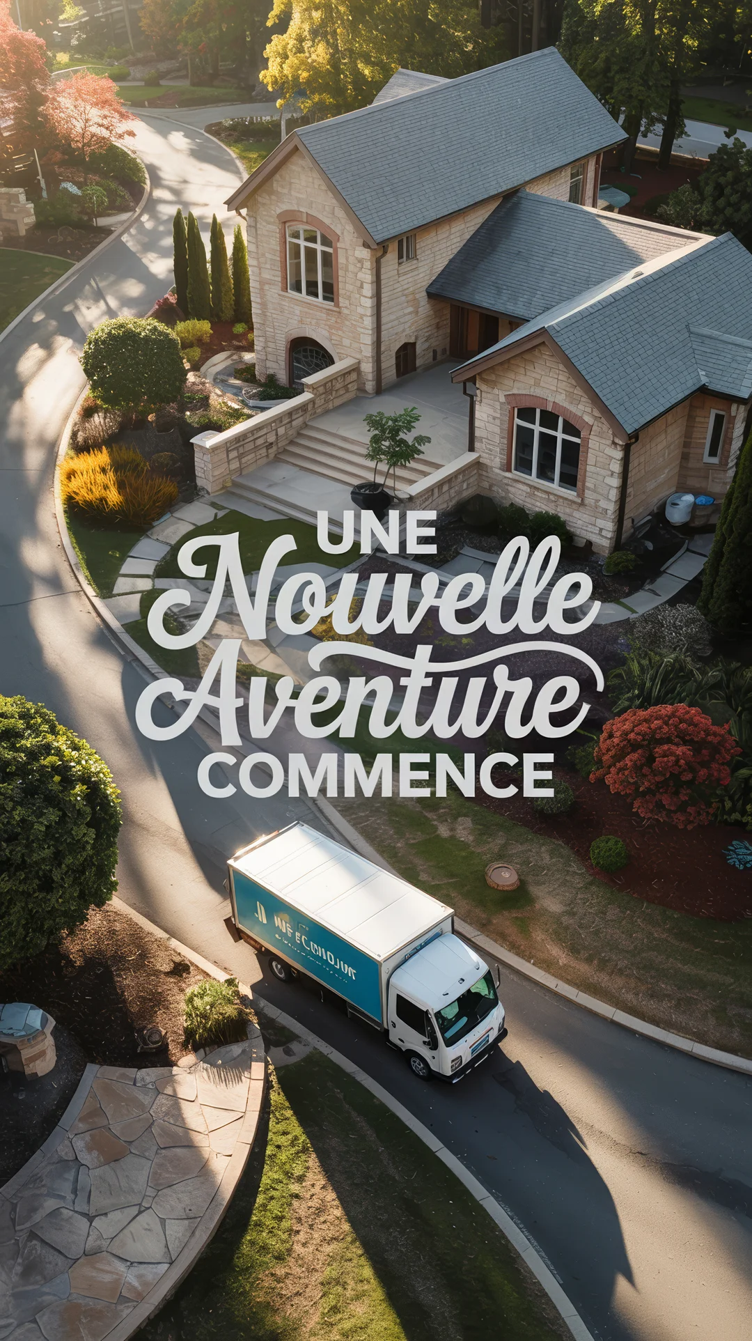 Vue aérienne d'un camion de déménagement roulant sur une route sinueuse devant une grande maison en pierre sous un soleil matinal.