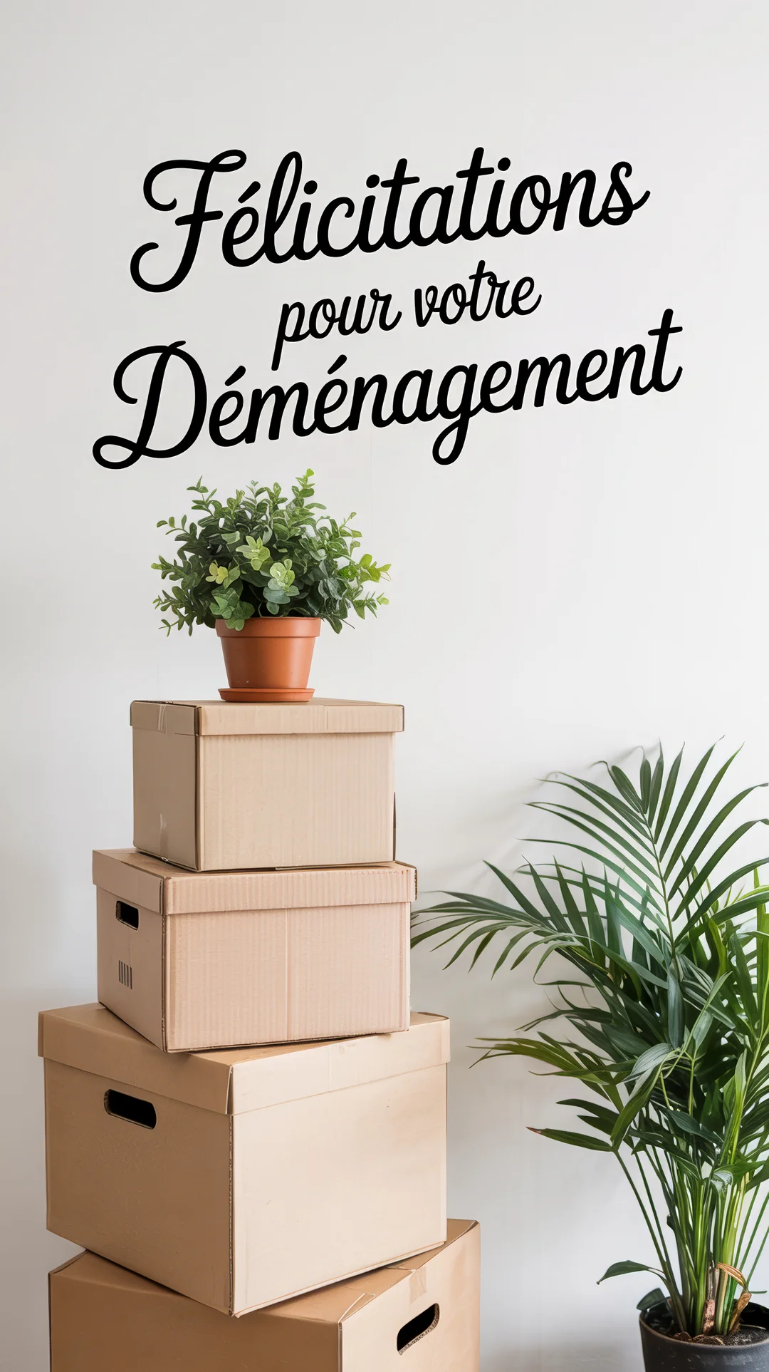 Une pile de cartons de déménagement bruns est placée à côté de plantes vertes, sur un fond blanc avec un texte calligraphié noir.