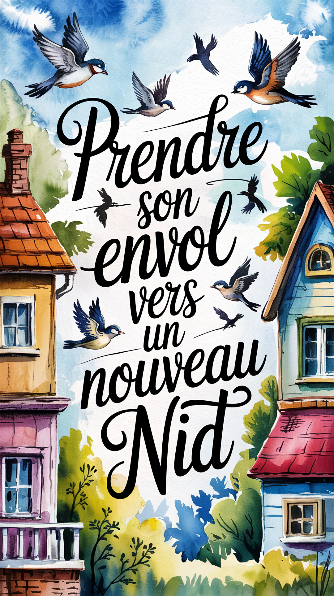 Une illustration à l'aquarelle de maisons colorées et d'hirondelles en vol, avec une calligraphie poétique au centre pour célébrer un déménagement.