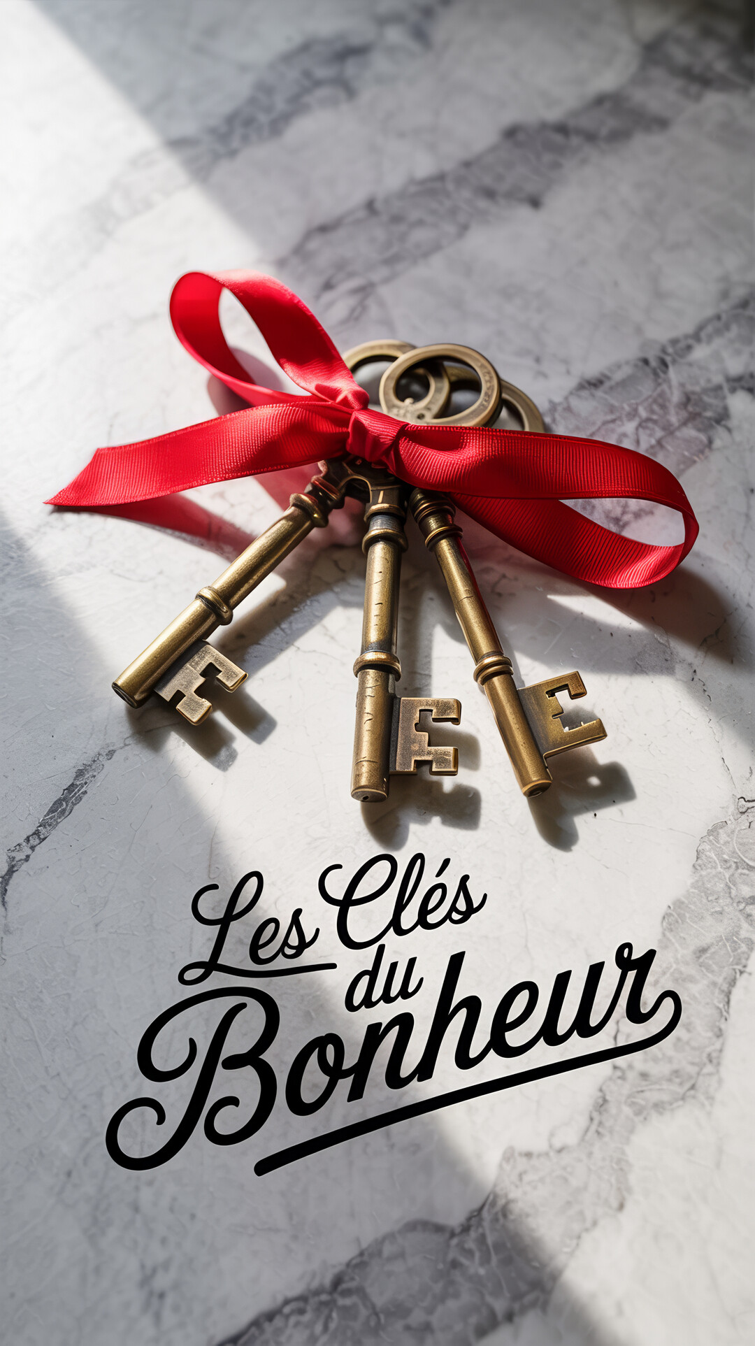 Un trousseau de clés anciennes dorées, liées par un ruban rouge, repose sur une surface en marbre blanc, baigné de lumière.