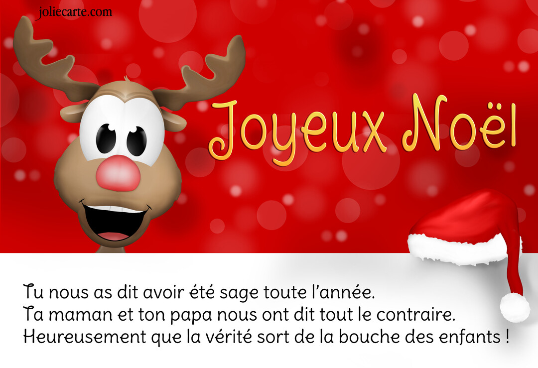 Une carte de Noël humoristique présente un renne de cartoon souriant sur un fond rouge vif à côté du texte 'Joyeux Noël'.