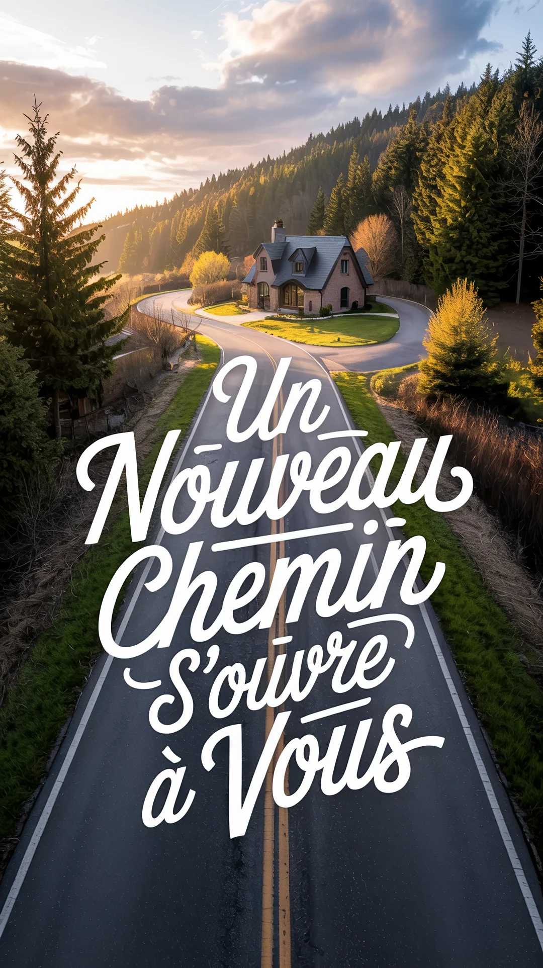 Une route de campagne sinueuse mène à une maison isolée au milieu des collines boisées, sous un ciel lumineux de coucher de soleil.