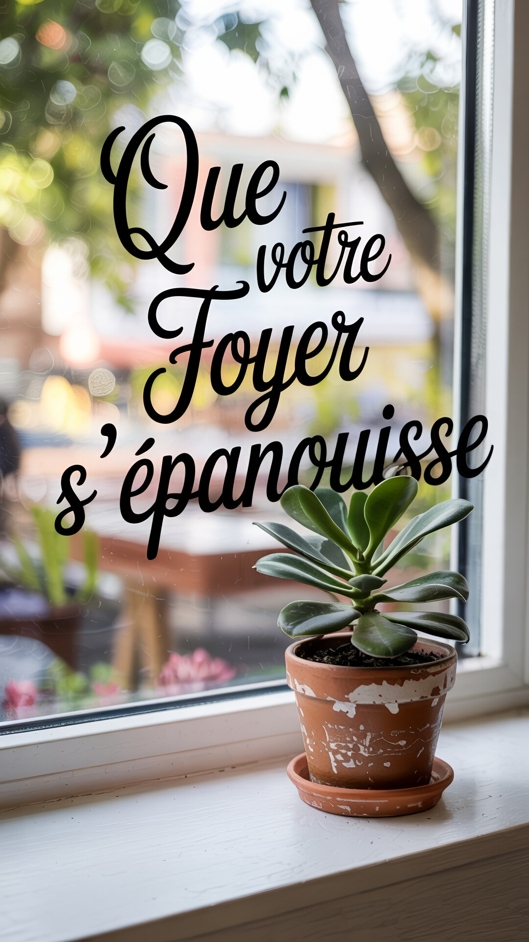 Une petite plante verte succulente dans un pot en terre cuite est posée sur un rebord de fenêtre blanc, avec un fond flou et lumineux.