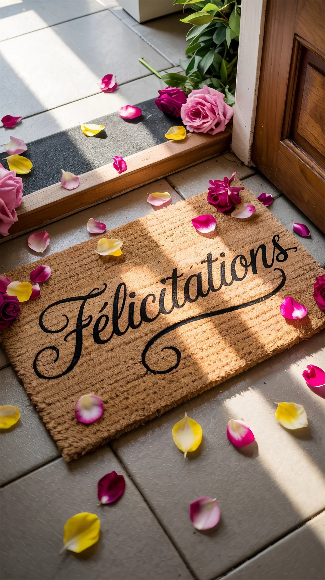 Un paillasson marron sur un sol carrelé gris porte l'inscription 'Félicitations', entouré de pétales de roses colorés et de quelques fleurs.