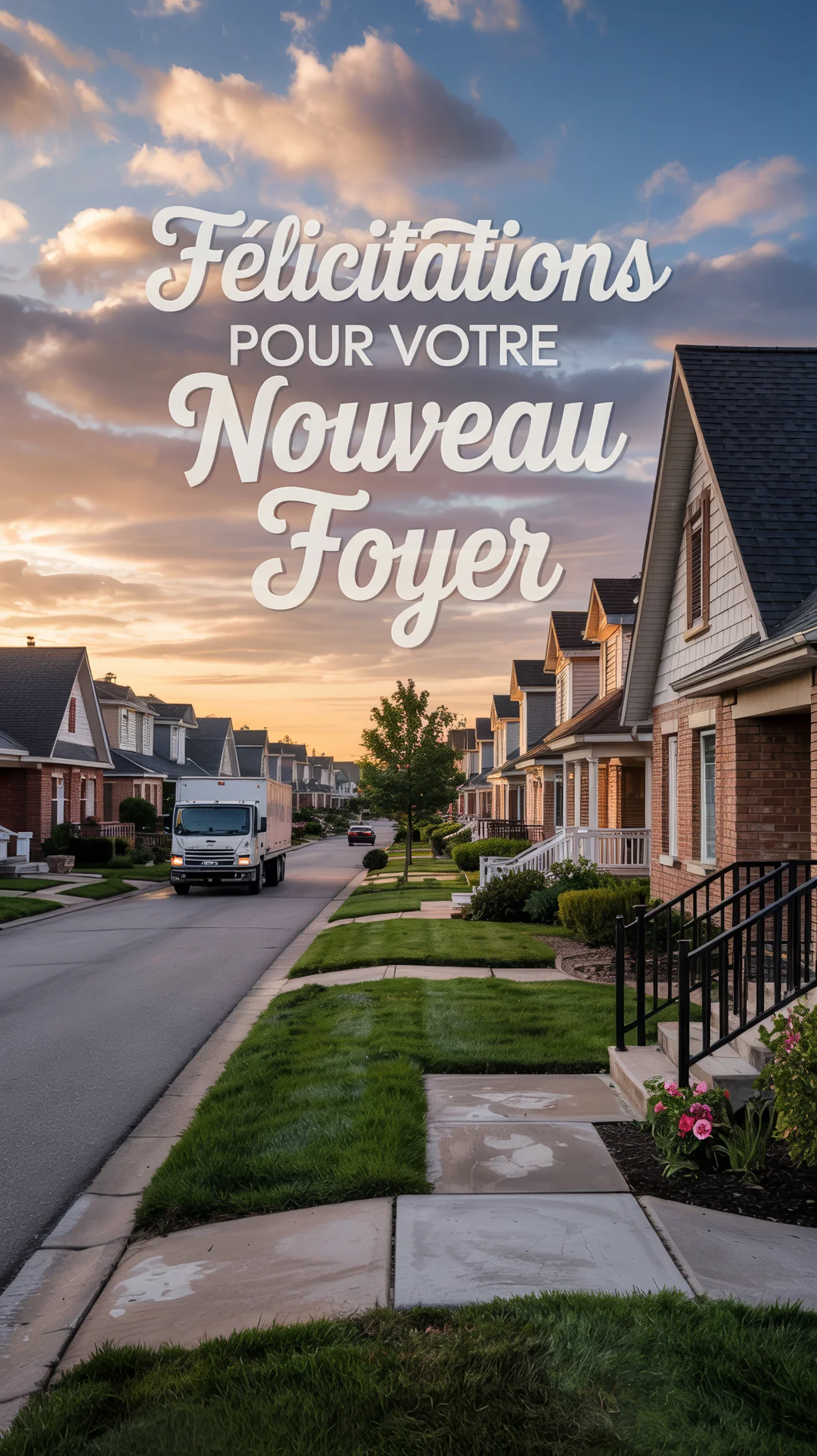 Cette carte représente une rue de quartier résidentiel au coucher du soleil, avec un camion de déménagement garé devant une rangée de maisons.