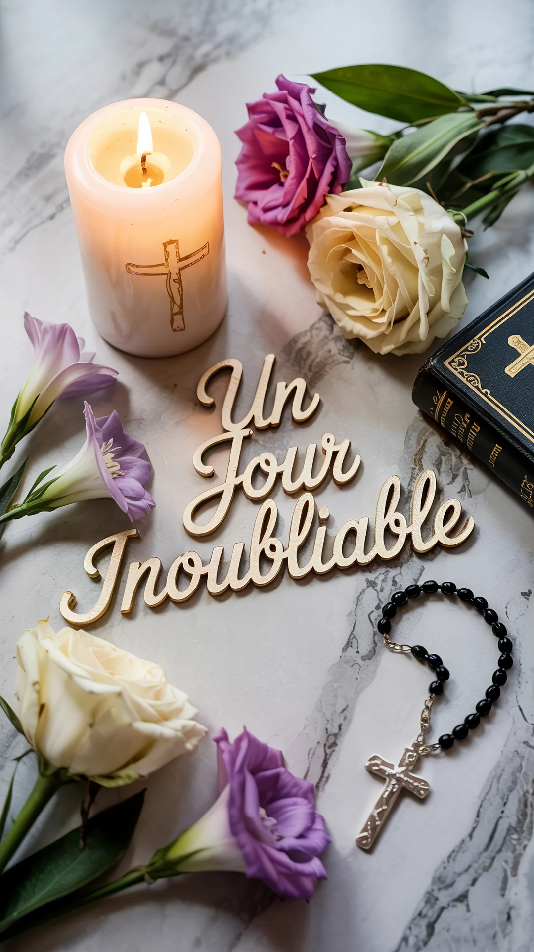 Une composition religieuse sur marbre avec une bougie allumée, une bible, un chapelet, des fleurs et le message 'Un Jour Inoubliable'.