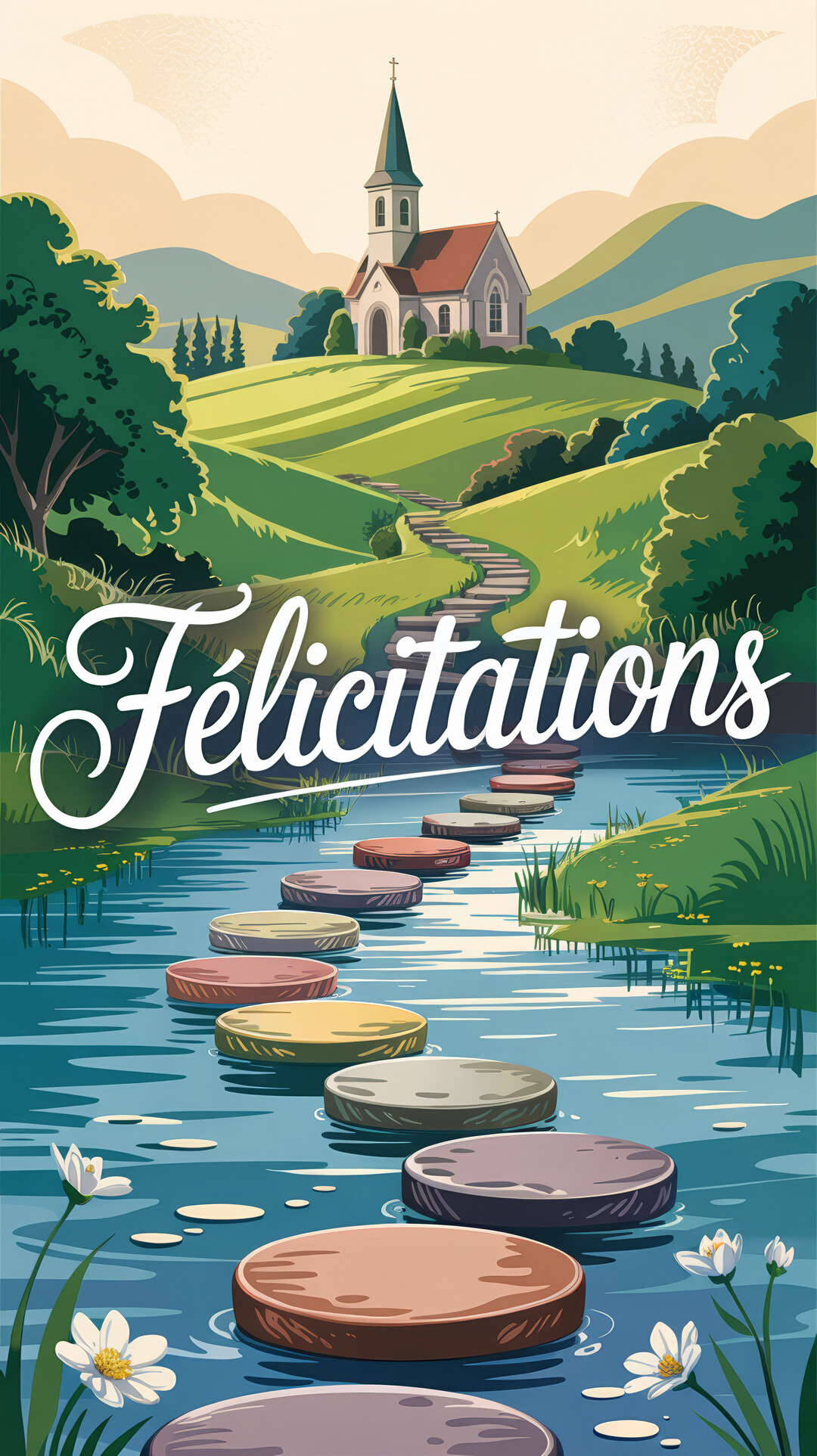 Une illustration stylisée montrant un sentier de pas japonais sur une rivière menant à une église perchée sur une colline verdoyante.