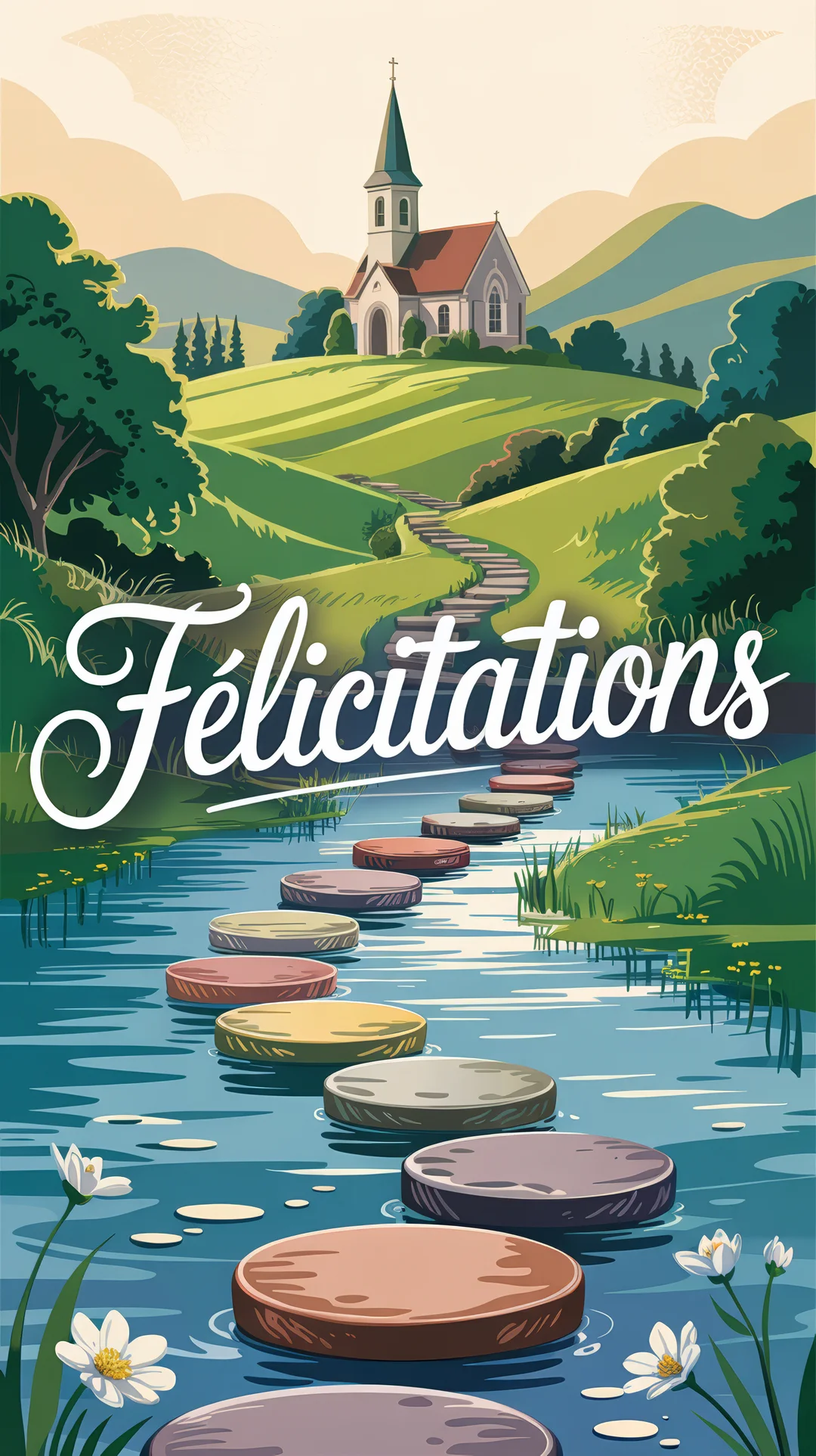 Une illustration stylisée montrant un sentier de pas japonais sur une rivière menant à une église perchée sur une colline verdoyante.