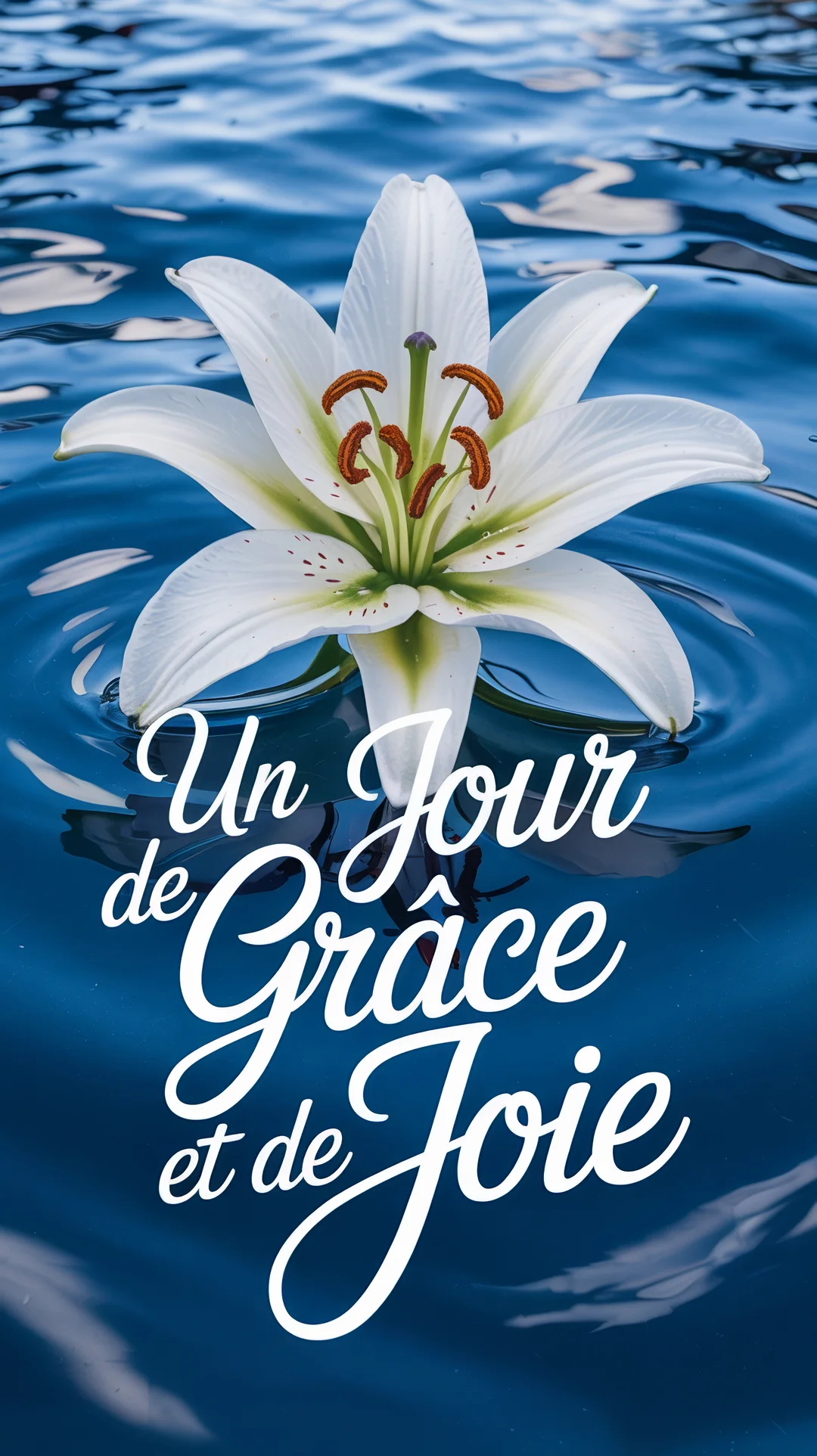 Un magnifique lys blanc aux pétales ouverts flotte sereinement au centre d'une eau bleue profonde, créant de légères ondulations circulaires à sa surface.