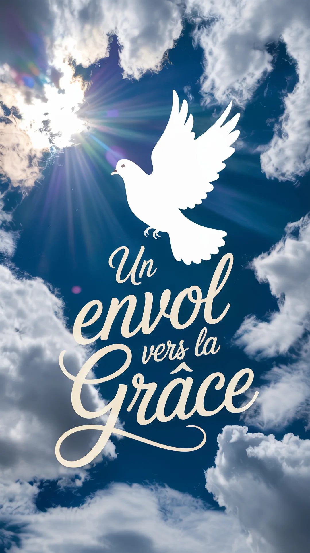 Une silhouette de colombe blanche vole dans un ciel bleu parsemé de nuages, se dirigeant vers le soleil qui perce avec des rayons lumineux.