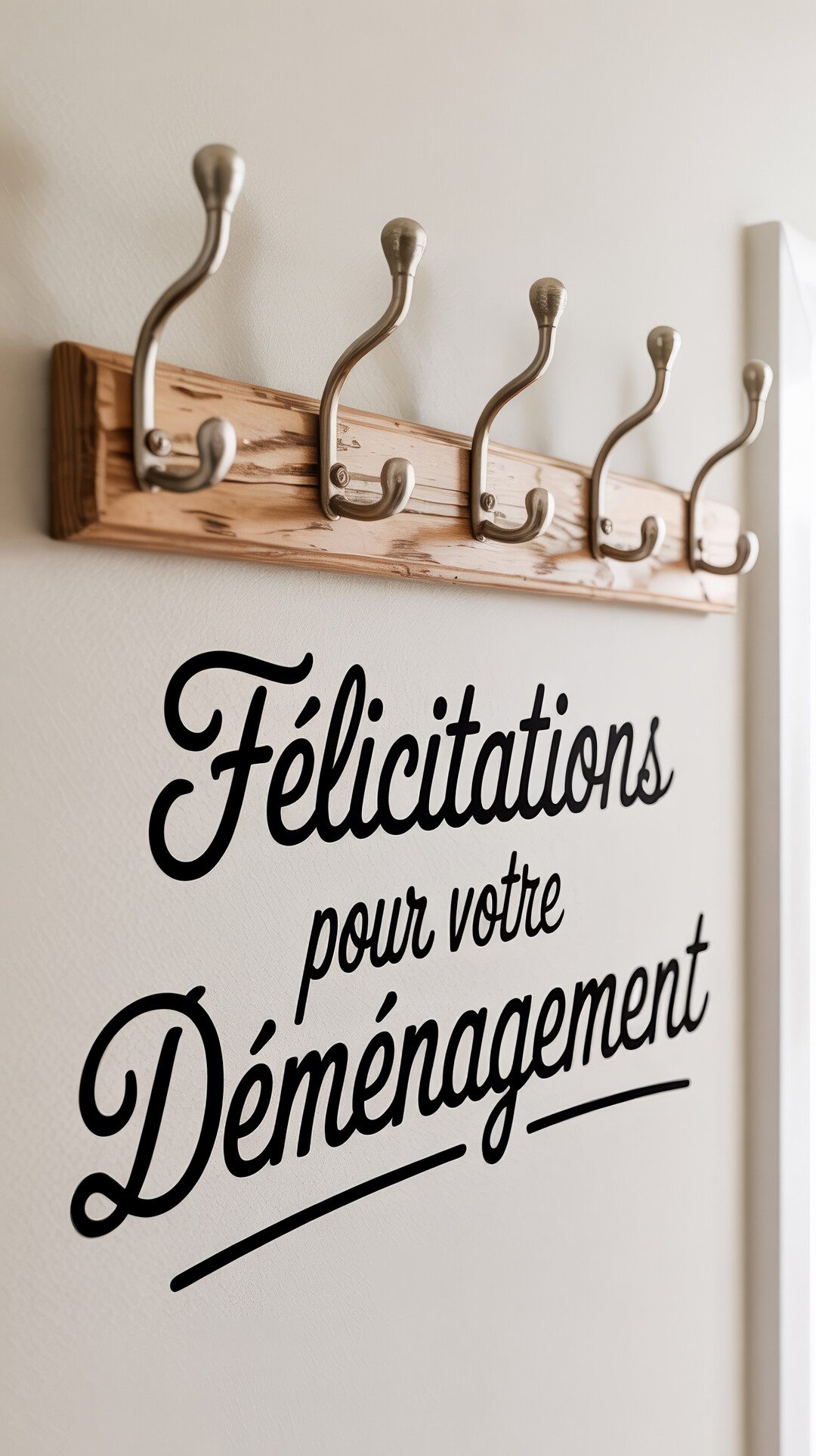 Un porte-manteau en bois avec des crochets argentés est fixé sur un mur blanc, sous lequel est écrit 'Félicitations pour votre Déménagement'.