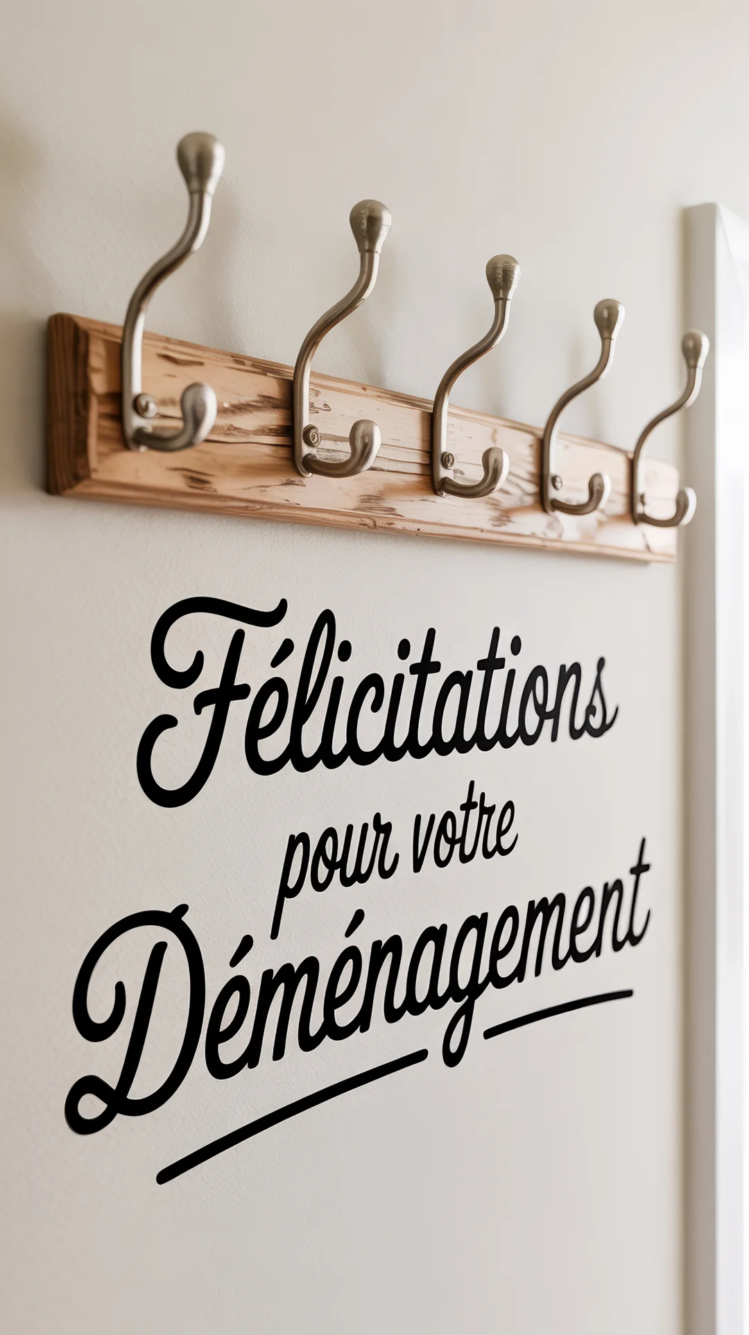Un porte-manteau en bois avec des crochets argentés est fixé sur un mur blanc, sous lequel est écrit 'Félicitations pour votre Déménagement'.