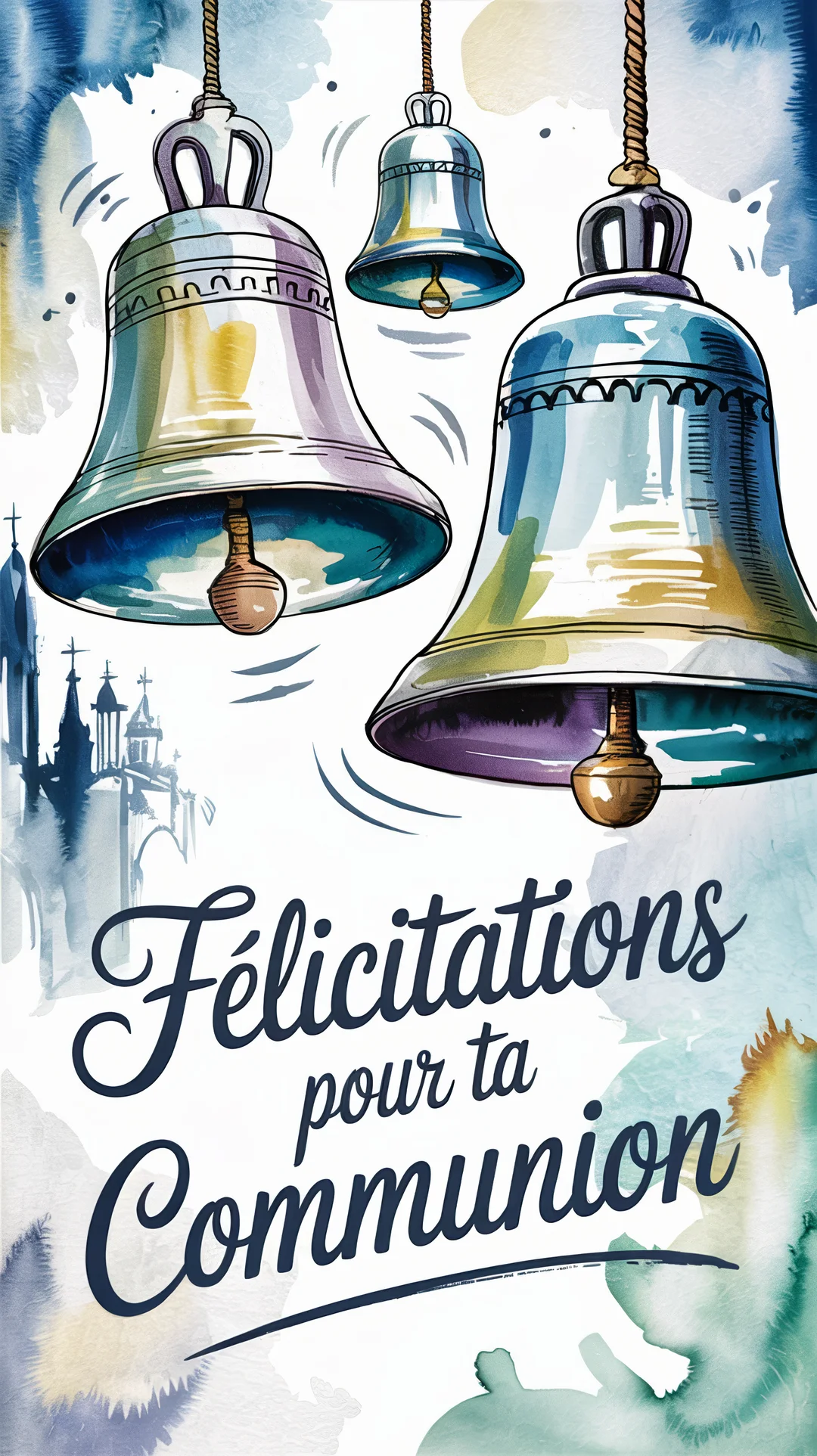 Une illustration à l'aquarelle montre des cloches d'église suspendues, avec une cathédrale en arrière-plan et un message de félicitations pour une communion.