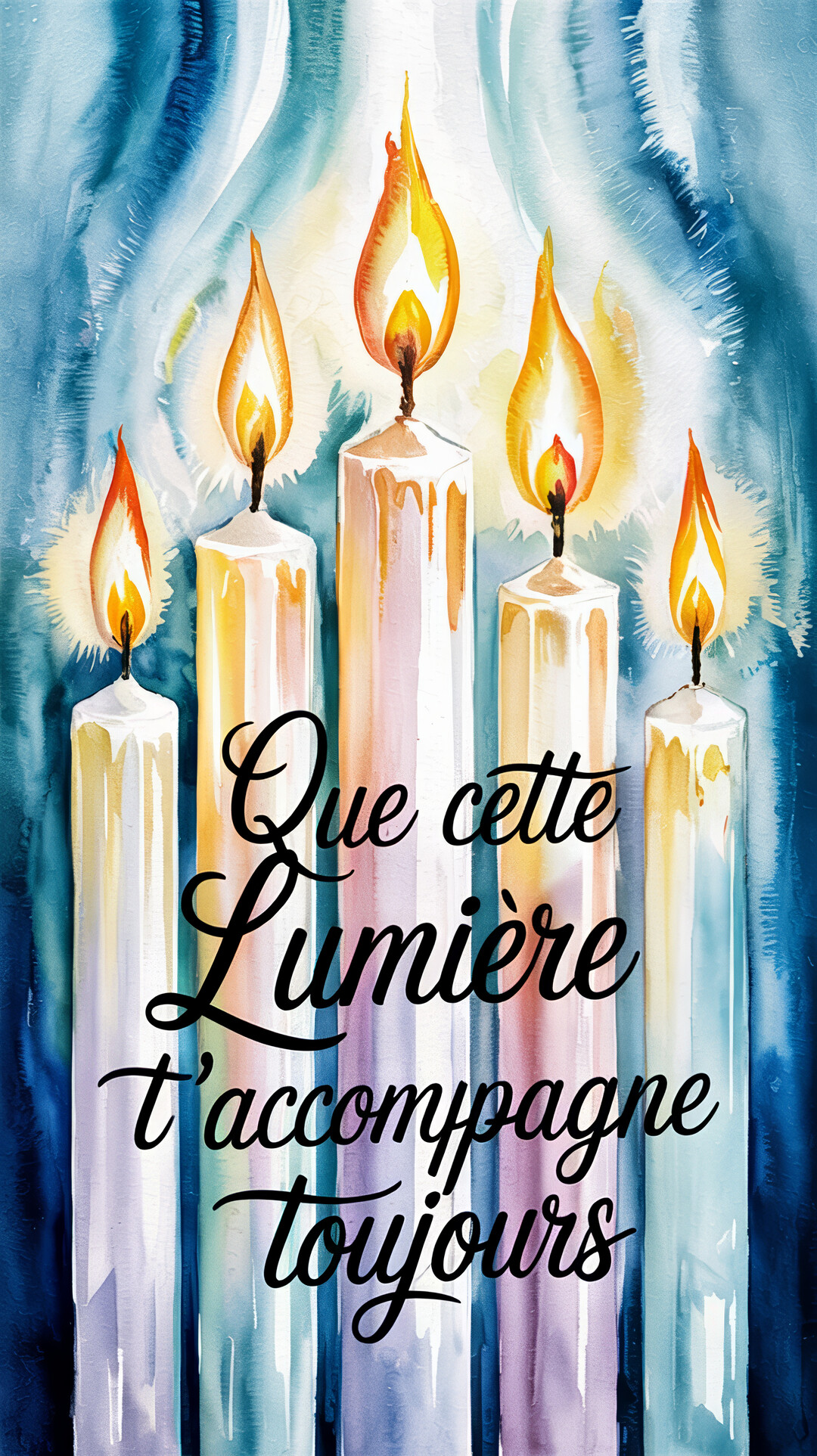Une peinture à l'aquarelle de cinq bougies blanches et colorées, allumées, de différentes hauteurs, sur un fond bleu texturé et lumineux.