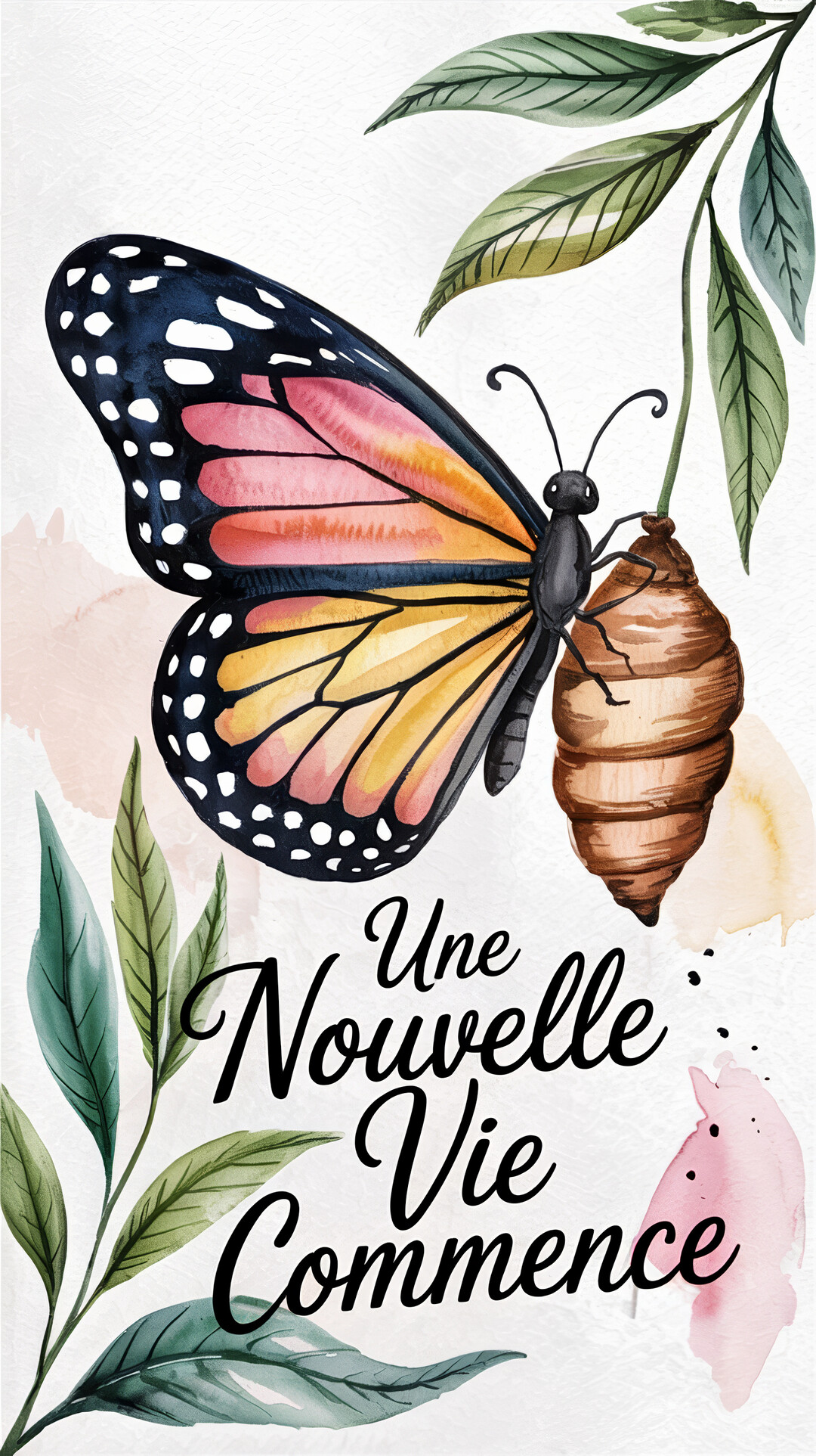 Un papillon monarque aux ailes déployées, de style aquarelle, est posé à côté de sa chrysalide sur un fond blanc avec des feuilles.