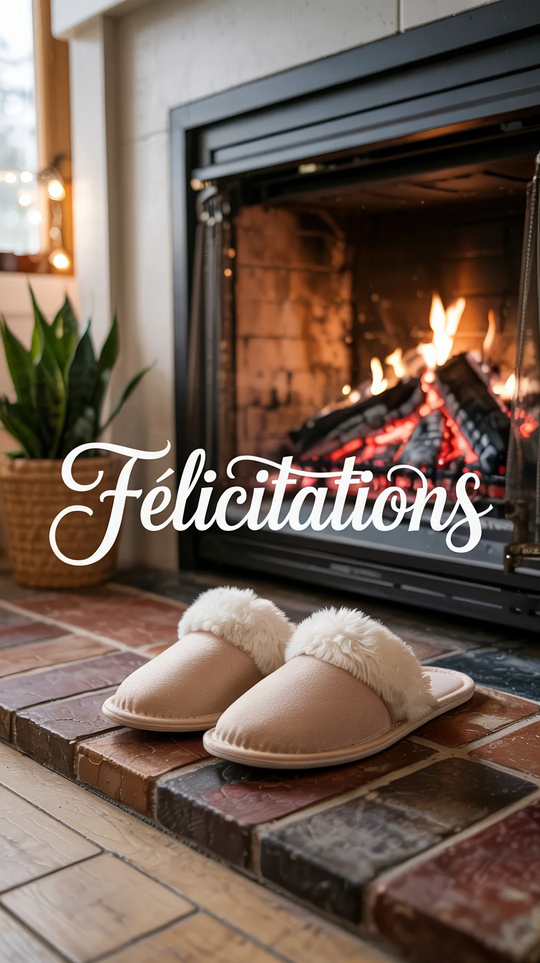 Une scène d'intérieur chaleureuse montrant des chaussons confortables au premier plan, avec une cheminée allumée et une plante verte en arrière-plan.