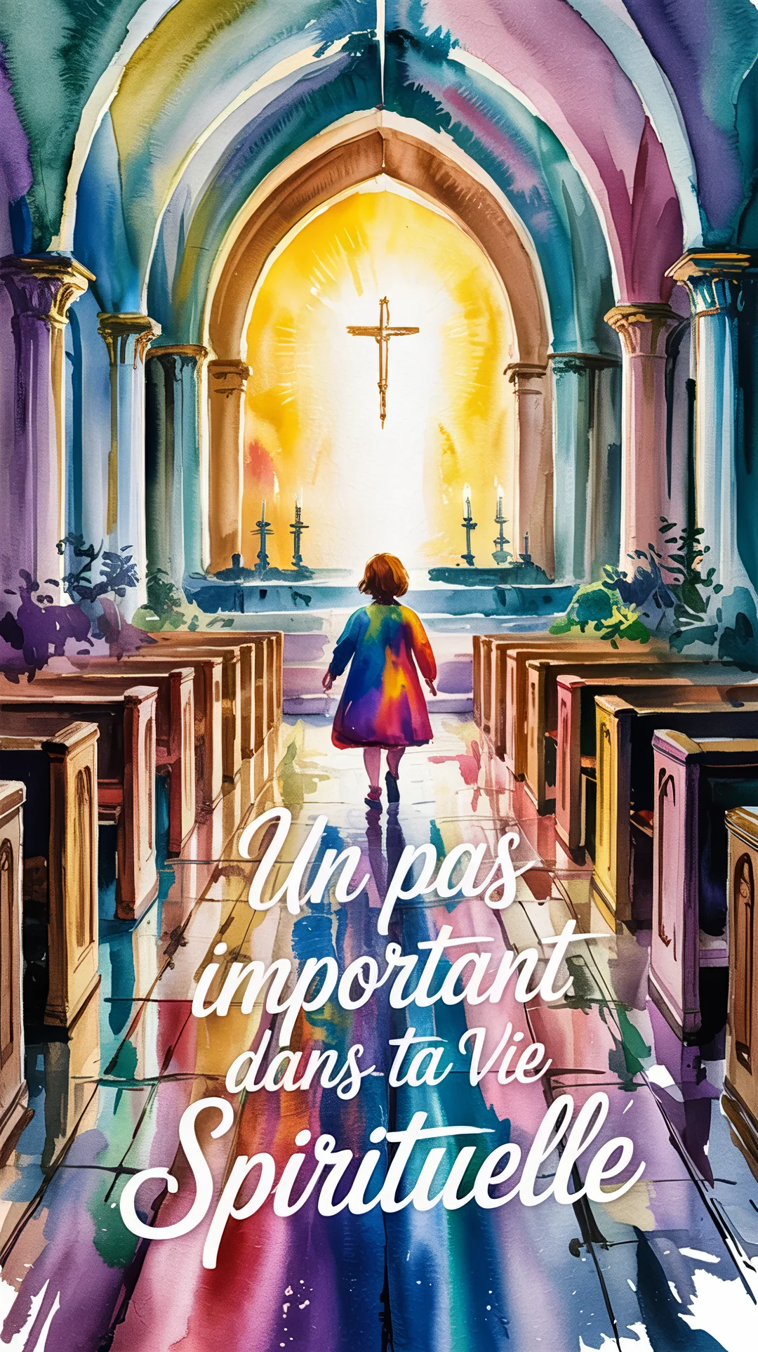 Vue de dos, un enfant en manteau multicolore marche dans l'allée d'une église vers une croix dorée et lumineuse à l'autel.