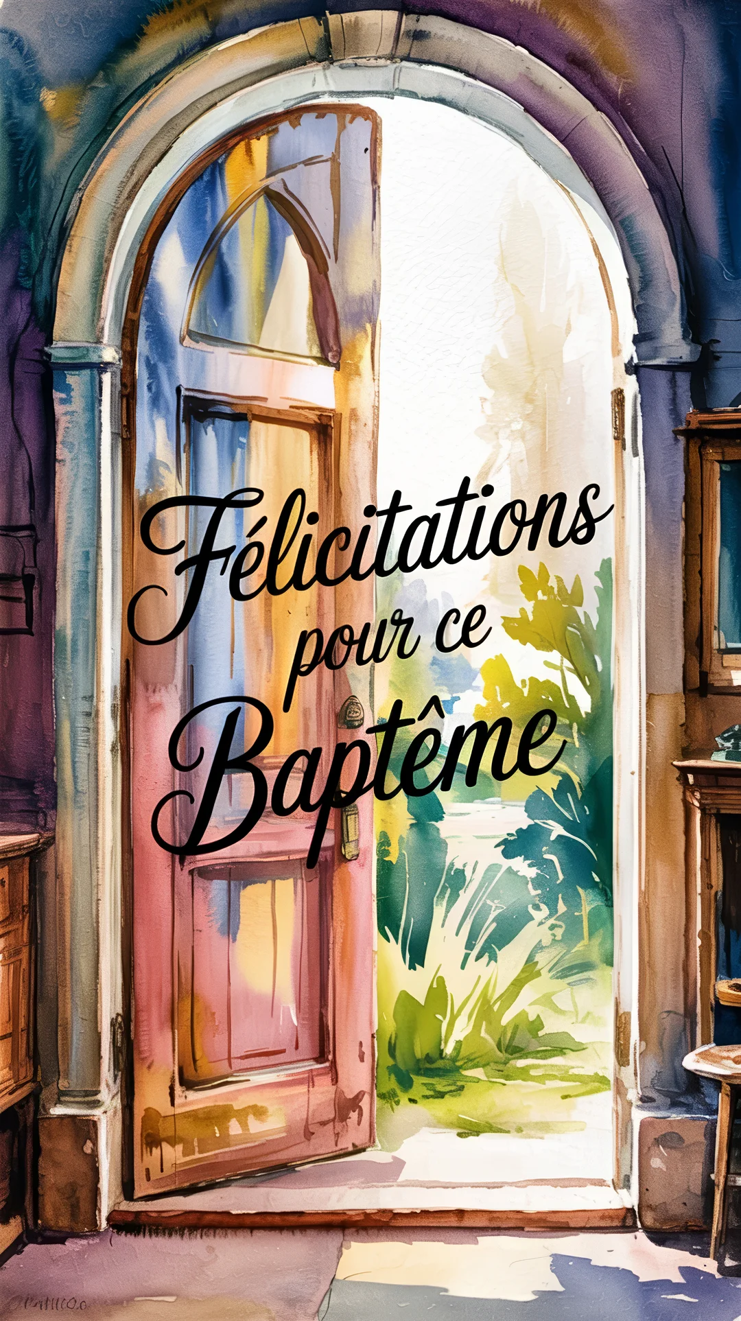 Une peinture à l'aquarelle d'une porte en bois ouverte révélant un jardin verdoyant et lumineux, avec le texte 'Félicitations pour ce Baptême'.