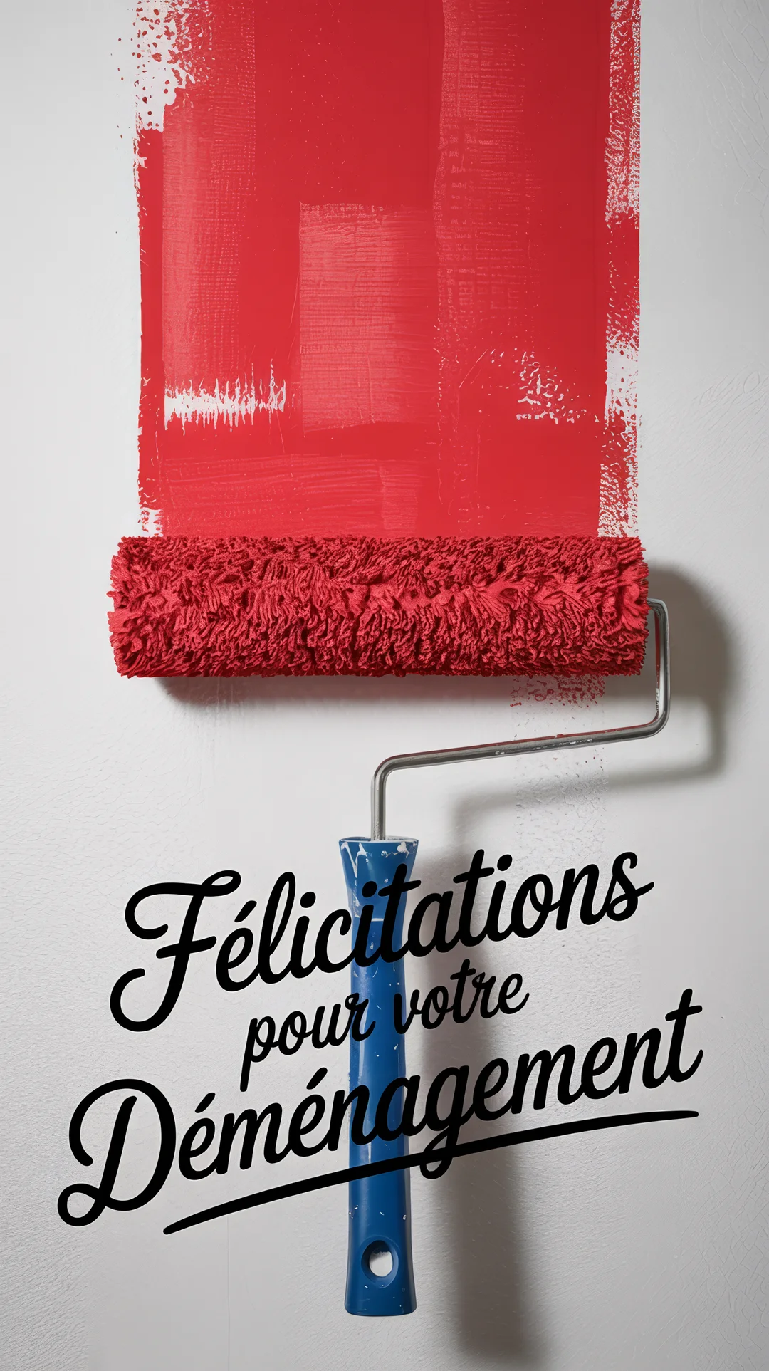 Un rouleau de peinture avec un manche bleu, couvert de peinture rouge vif, est posé contre un mur blanc fraîchement peint.